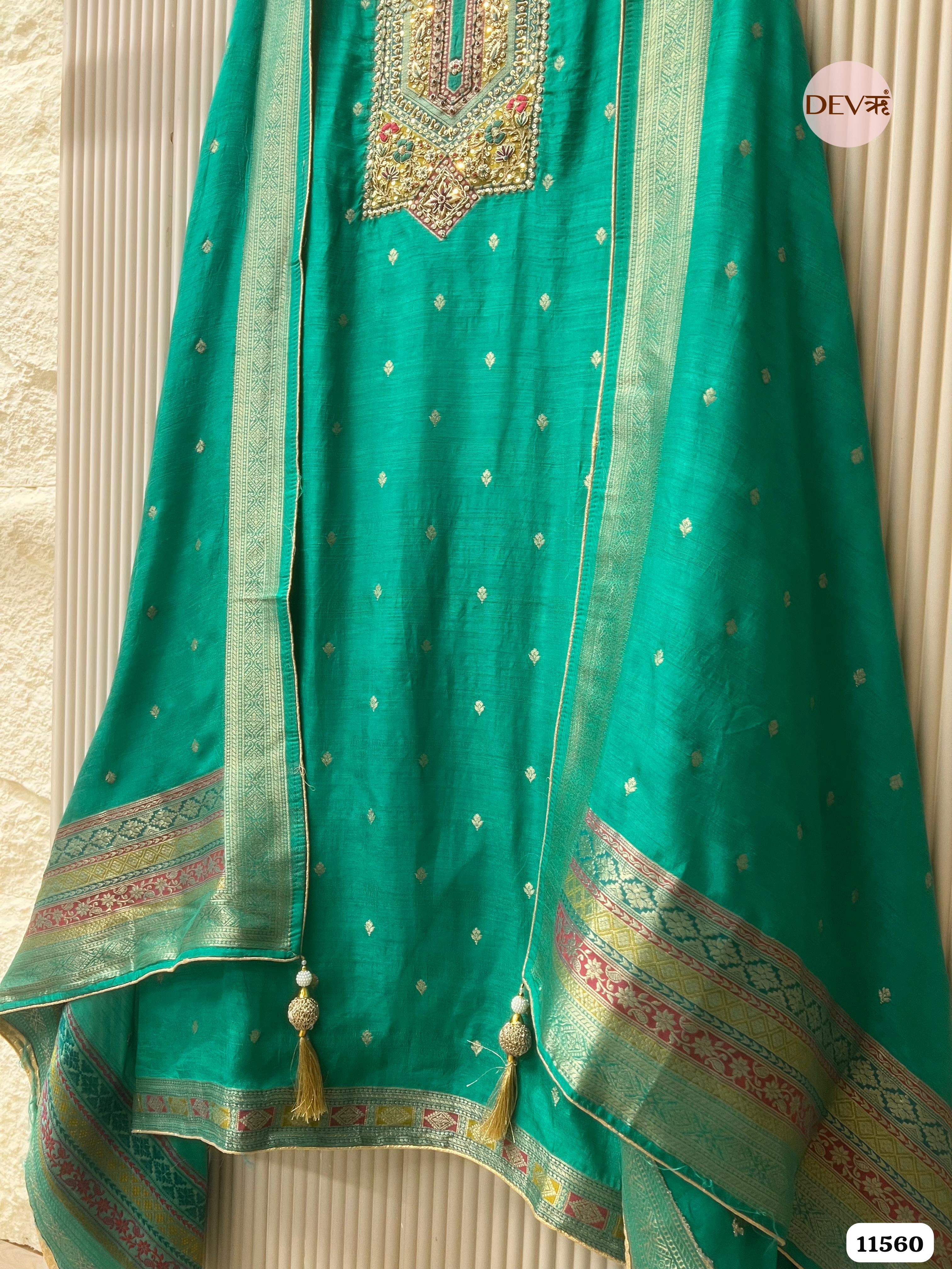 Green Silk Banarasi Weave Unstitched Hand Embroidered -Set Of 3 {11560}