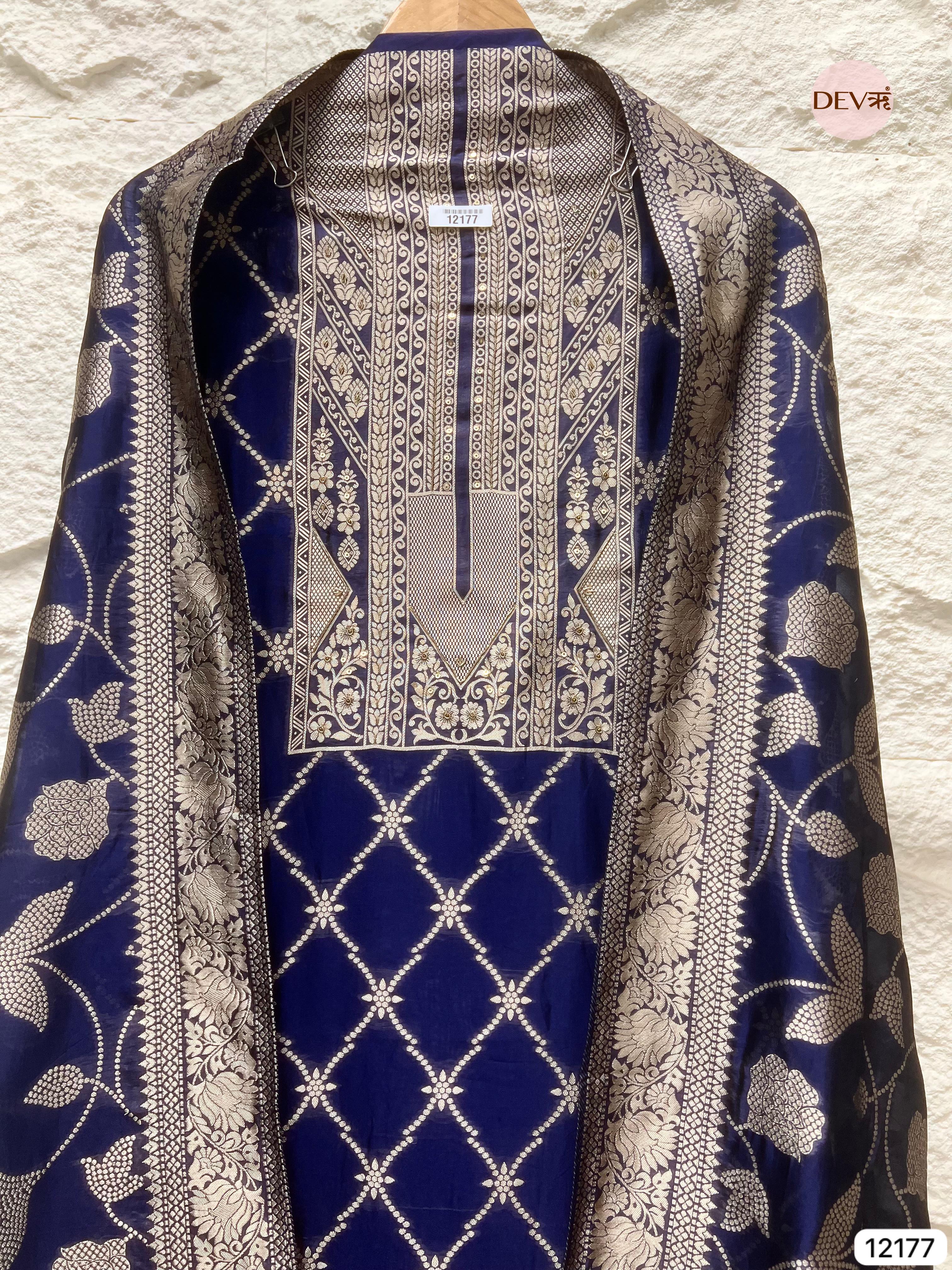 Blue Pure Banarasi Silk Unstitched Hand embroidered- Set of 3 - {12177}