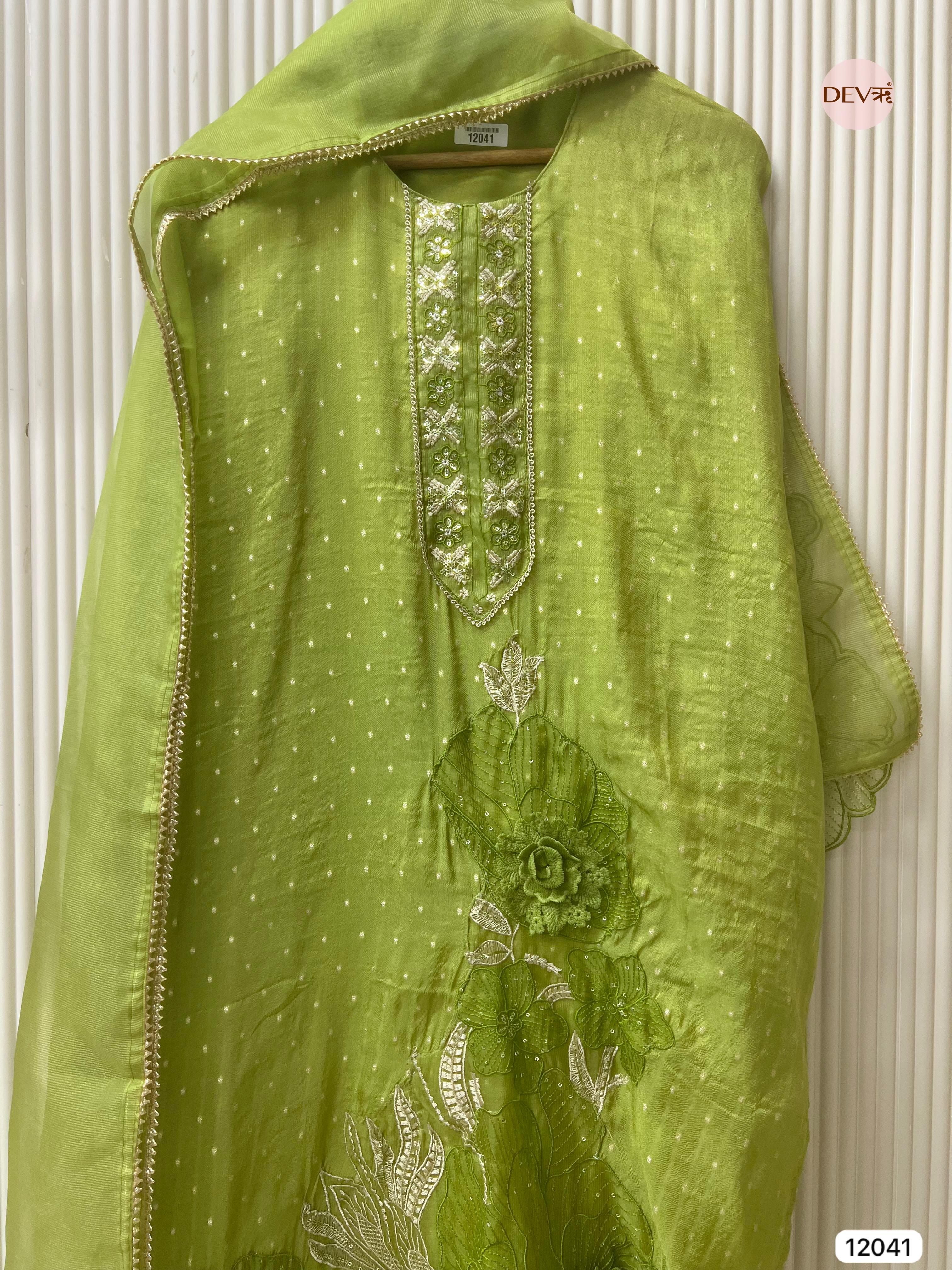Green Tissue Shimmer Silk Unstitched Embroidered -Set Of 3 - {12041}