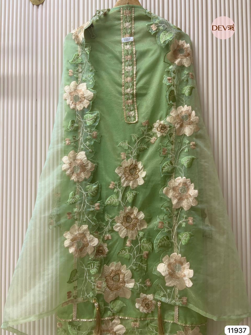 Green Tissue Shimmer Embroidered Unstitched 3-Piece Suit (Devri – D.No 11937)