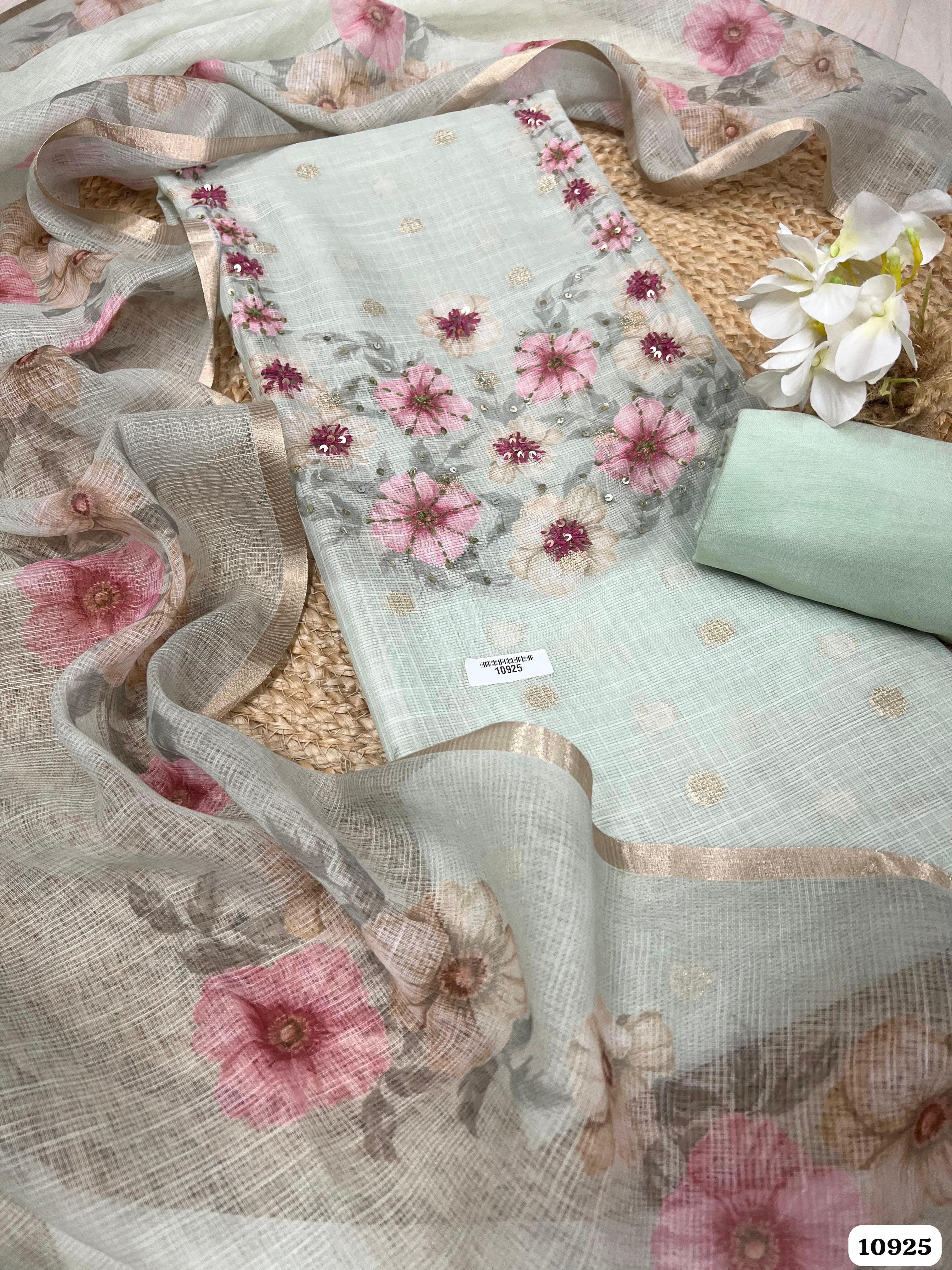 Light Green Silk Unstitched Printed Hand Embidered -Set Of 3
