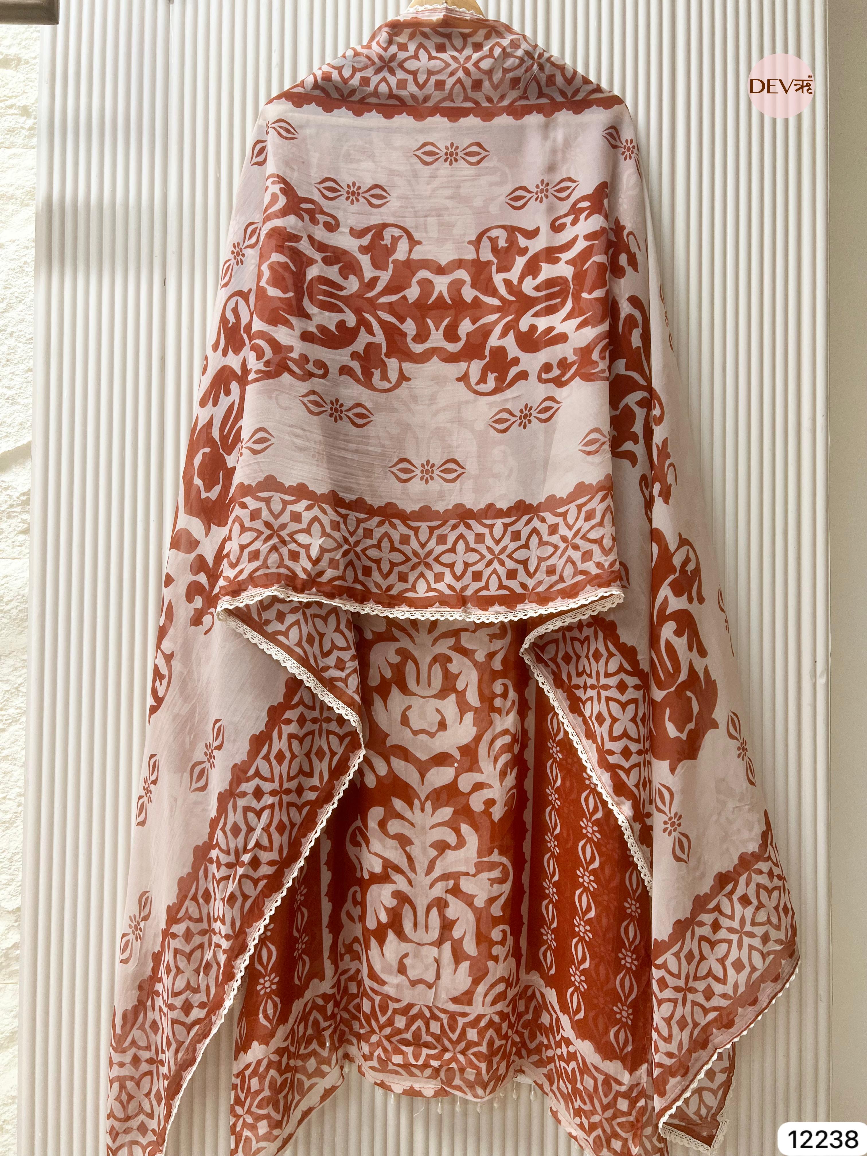 Rust Organza Printed Unstitched 3-Piece Suit (Devri – D.No 12238)