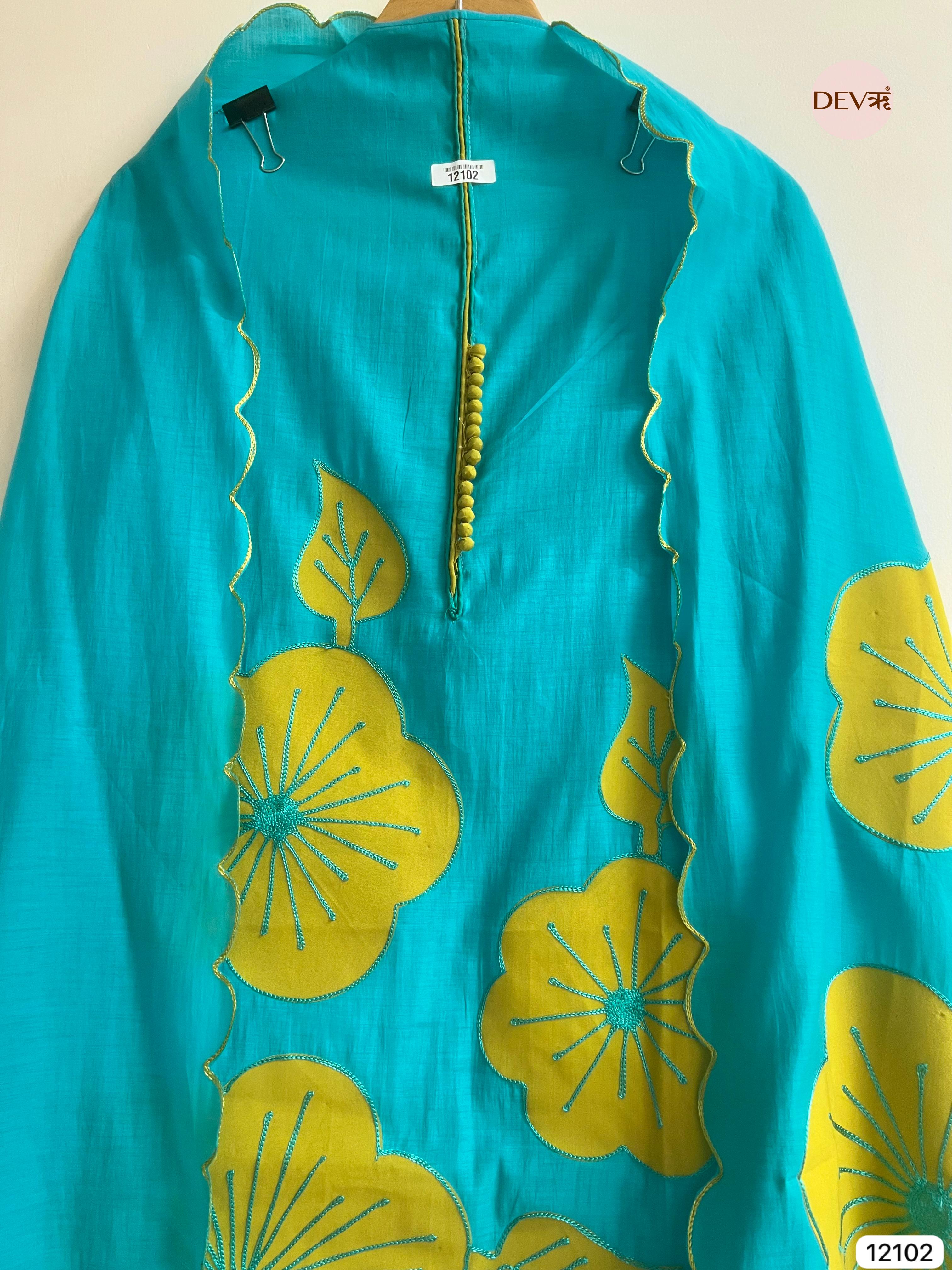 Blue Modal Silk Unstitched Applique Embroidered -Set Of 3 - {12102}