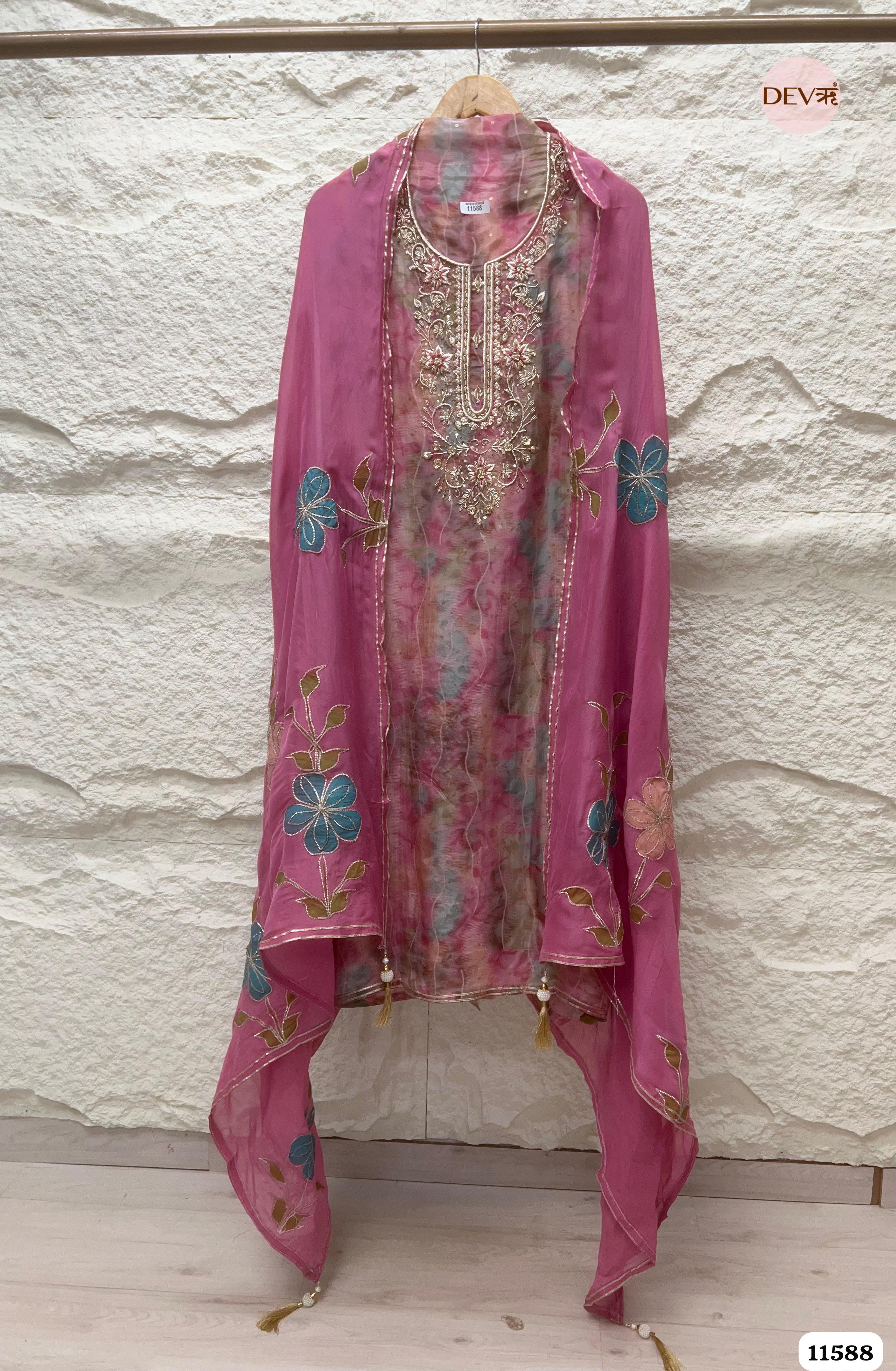 Pink Pure Organza Silk Printed Unstitched Hand Embroidered -Set Of 3 {11588}