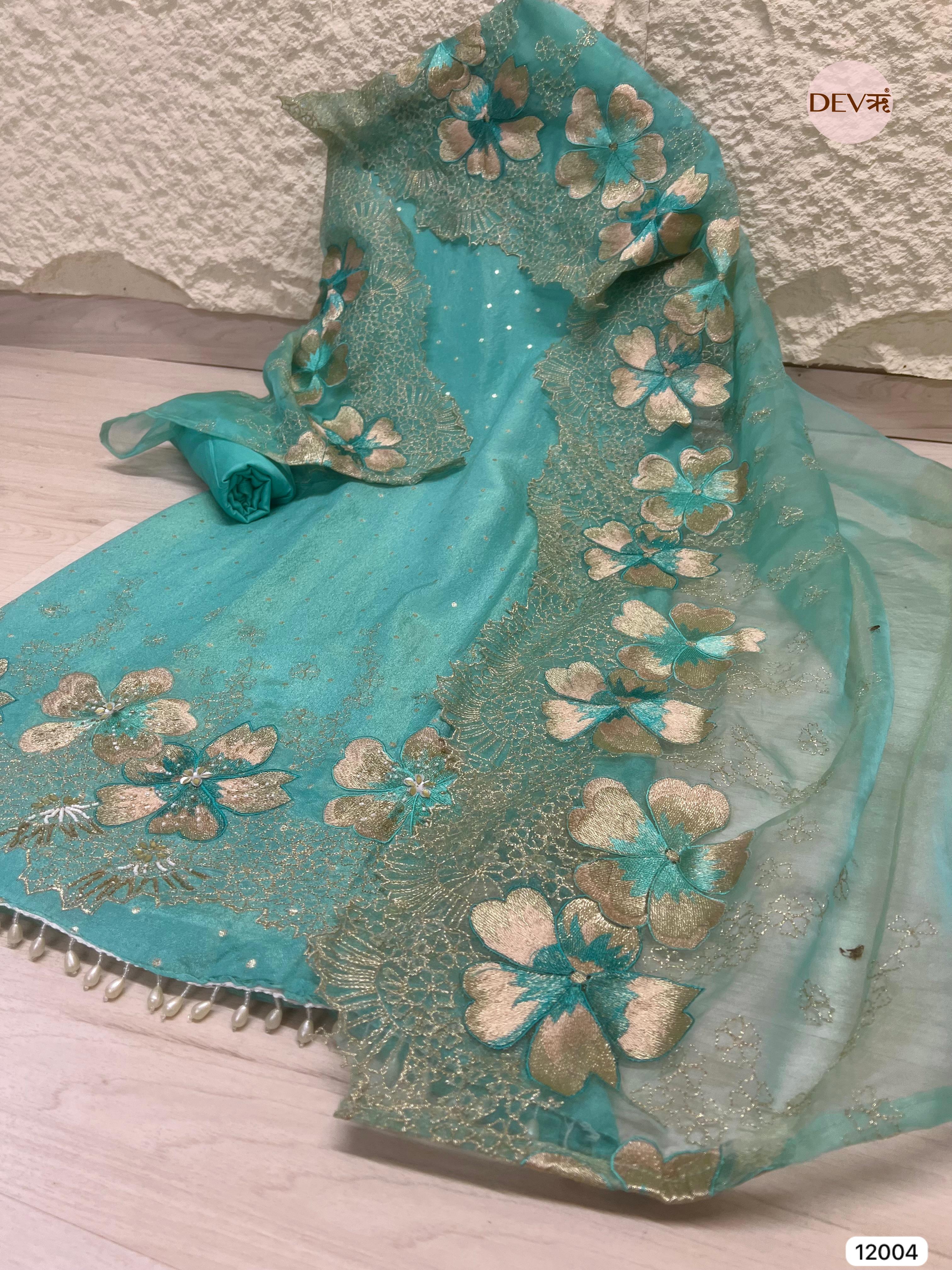 Blue Tissue Shimmer Silk Unstitched Embroidered -Set Of 3 - {12004}