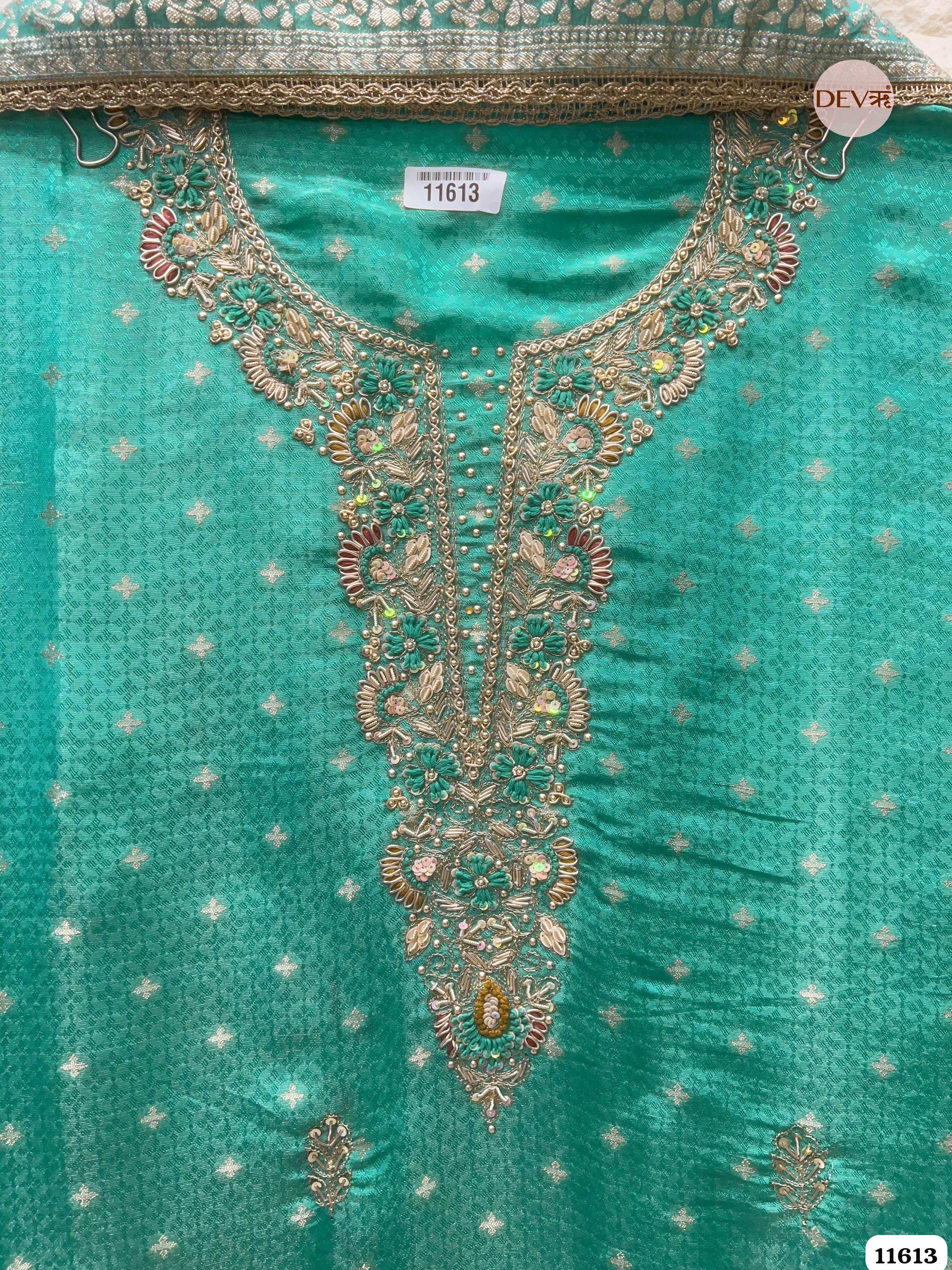Green Pure Tissue Banarasi Silk Unstitched Hand Embroidered -Set Of 3 {11613}