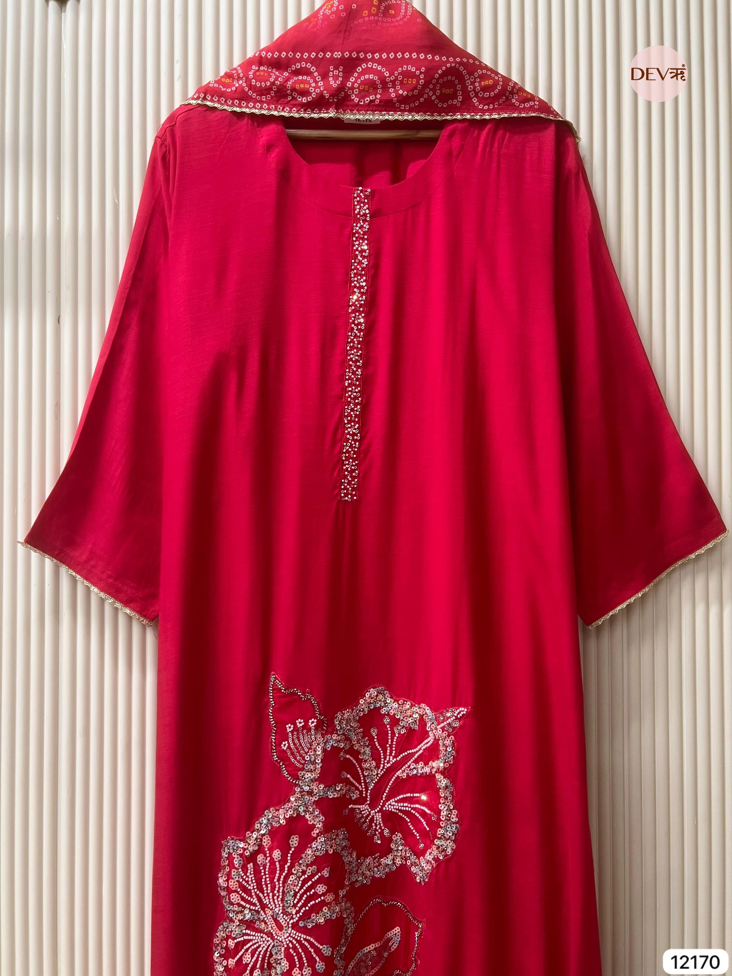 Red Pure Russian Silk Semi stitched Hand Embroidered -Set Of 3 - {12170}