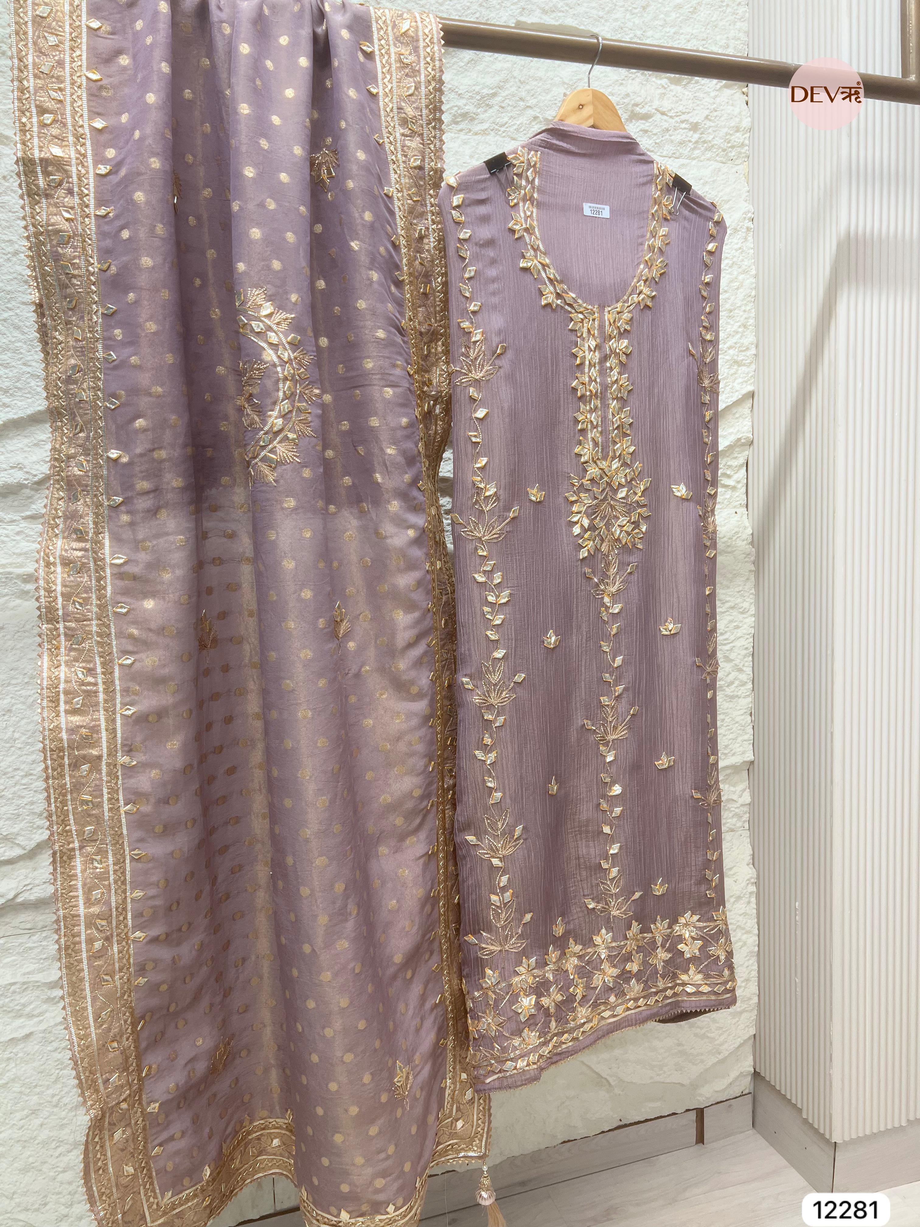 Purple Pure Chinon Unstitched Hand Embroidered -Set Of 3 - {12281}