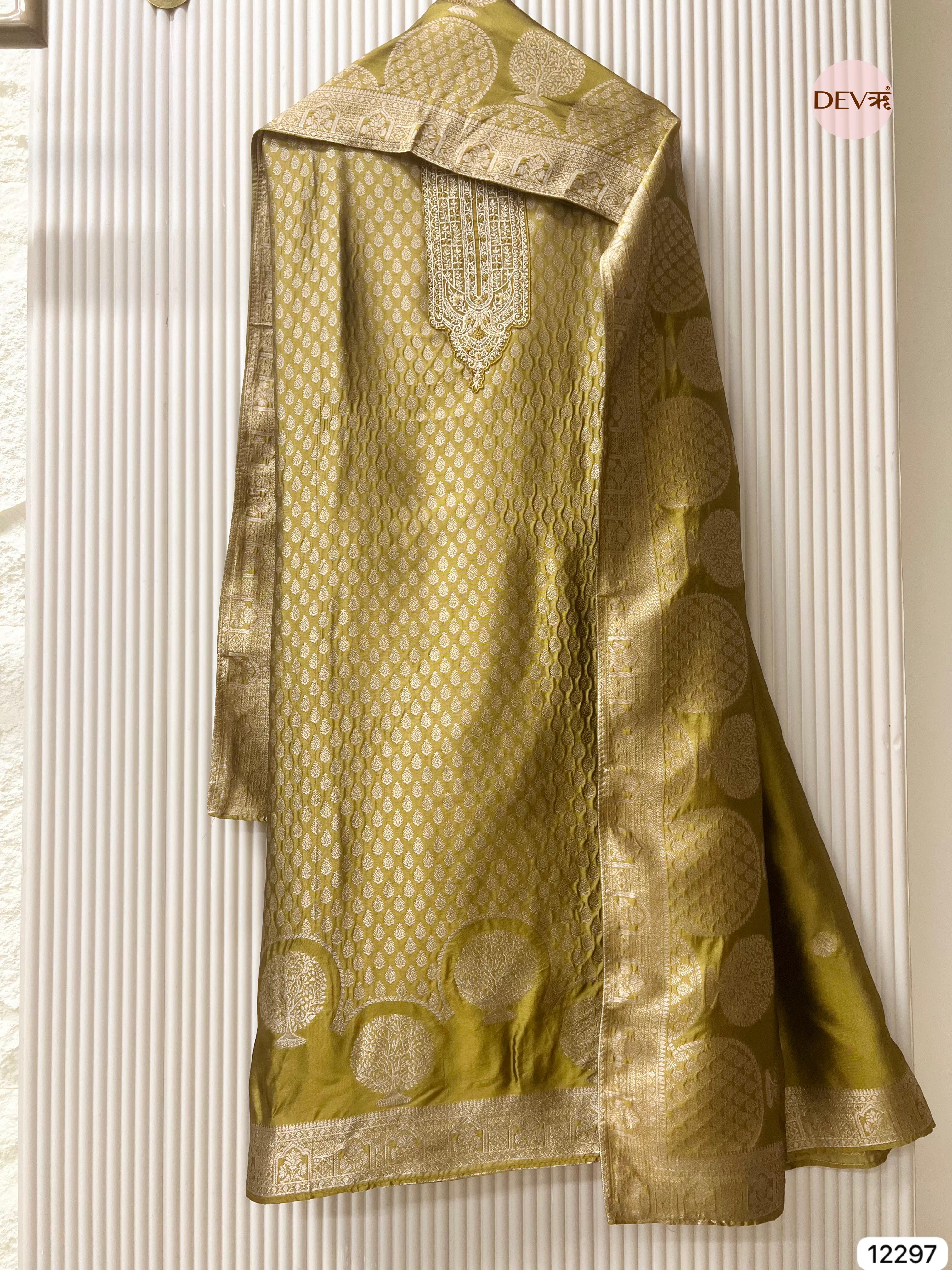 Olive Gold Pure Banarasi Silk Woven Unstitched 3-Piece Suit (Devri – D.No 12297)