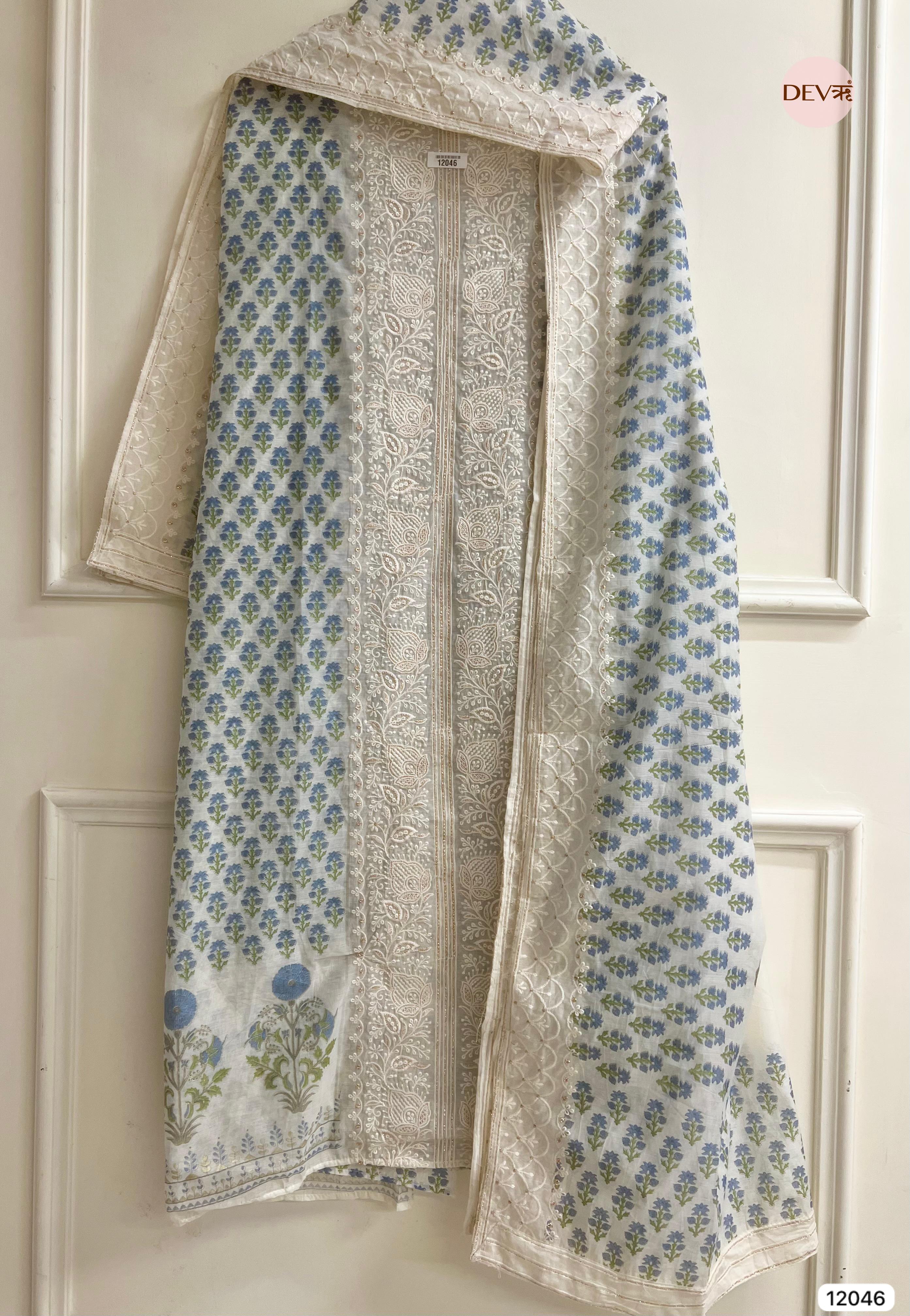 White & Blue Mul Chanderi Unstitched Block Printed Lucknawi Embroidered -Set Of 3 - {12046}