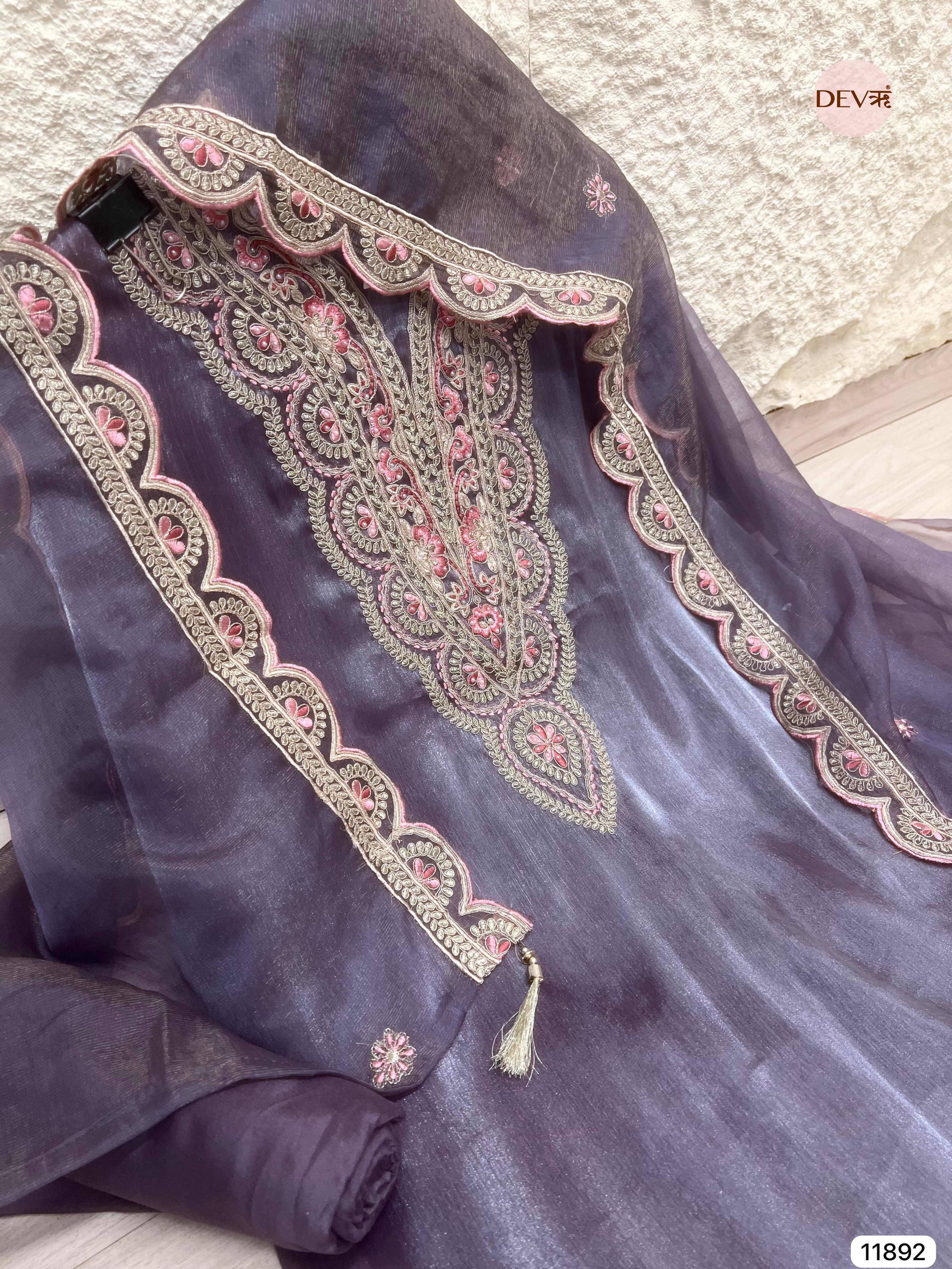 Purple Tissue Shimmer Silk Unstitched Printed Embroidered -Set Of 3 - {11892}