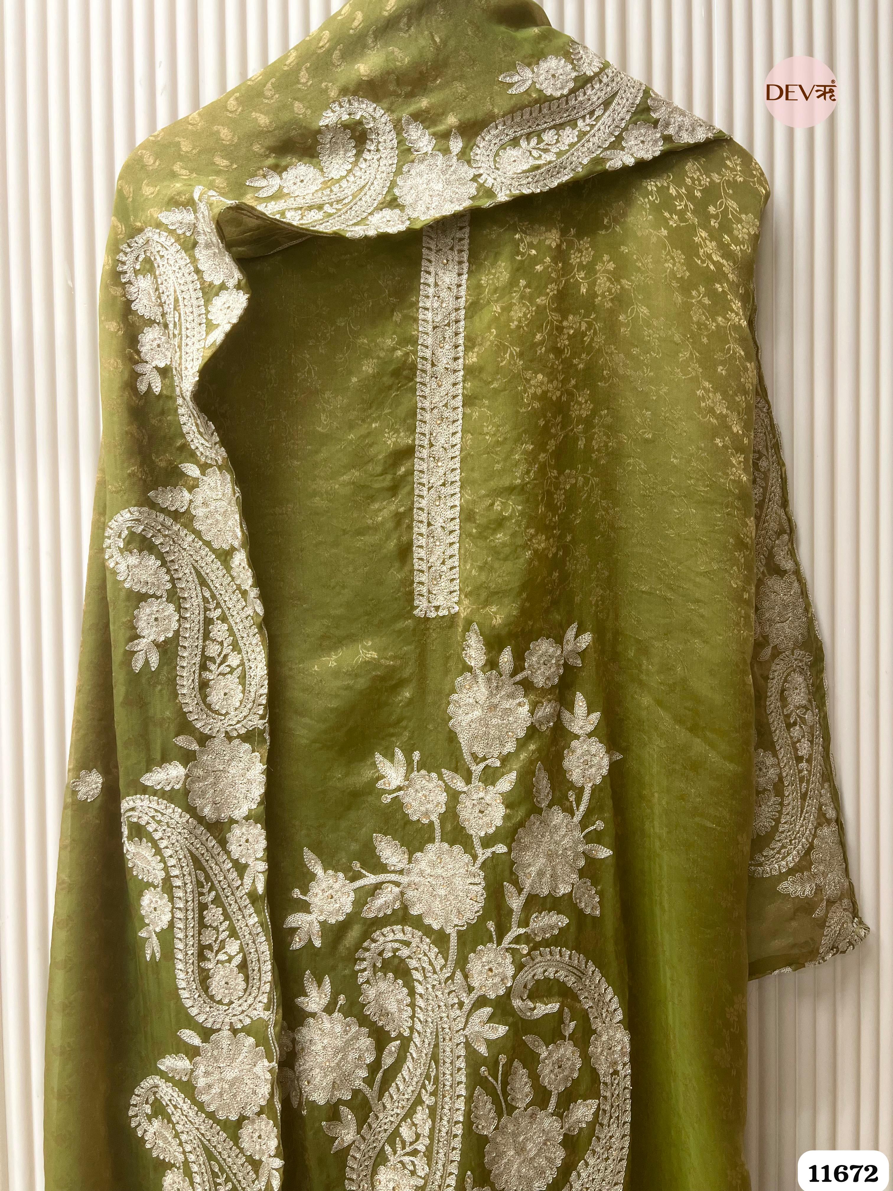 Green Tissue Silk Unstitched Embroidered -Set Of 3 {11672}