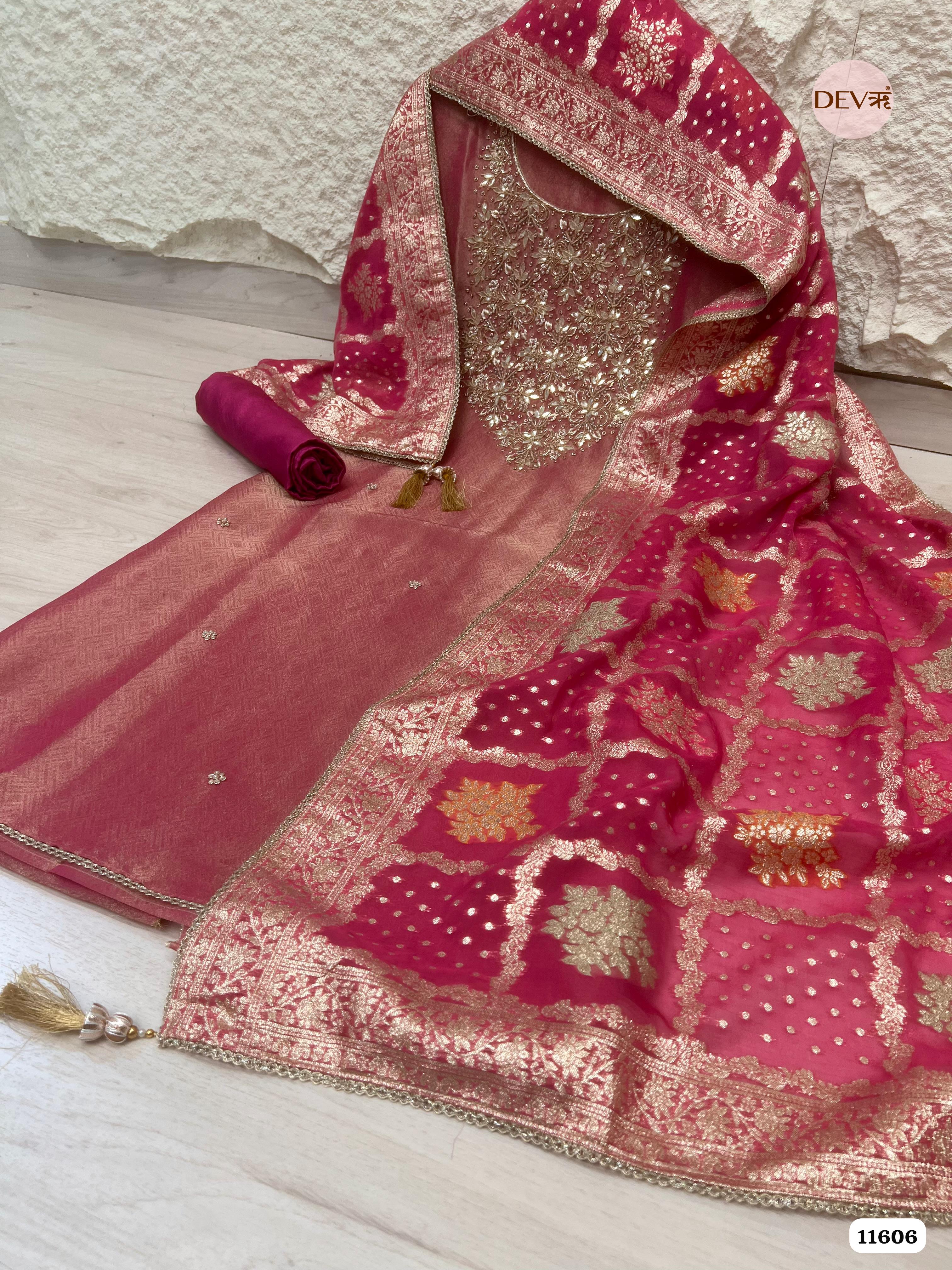 Crimson Pink Pure Tissue Banarasi Silk Unstitched Hand Embroidered -Set Of 3 {11606}