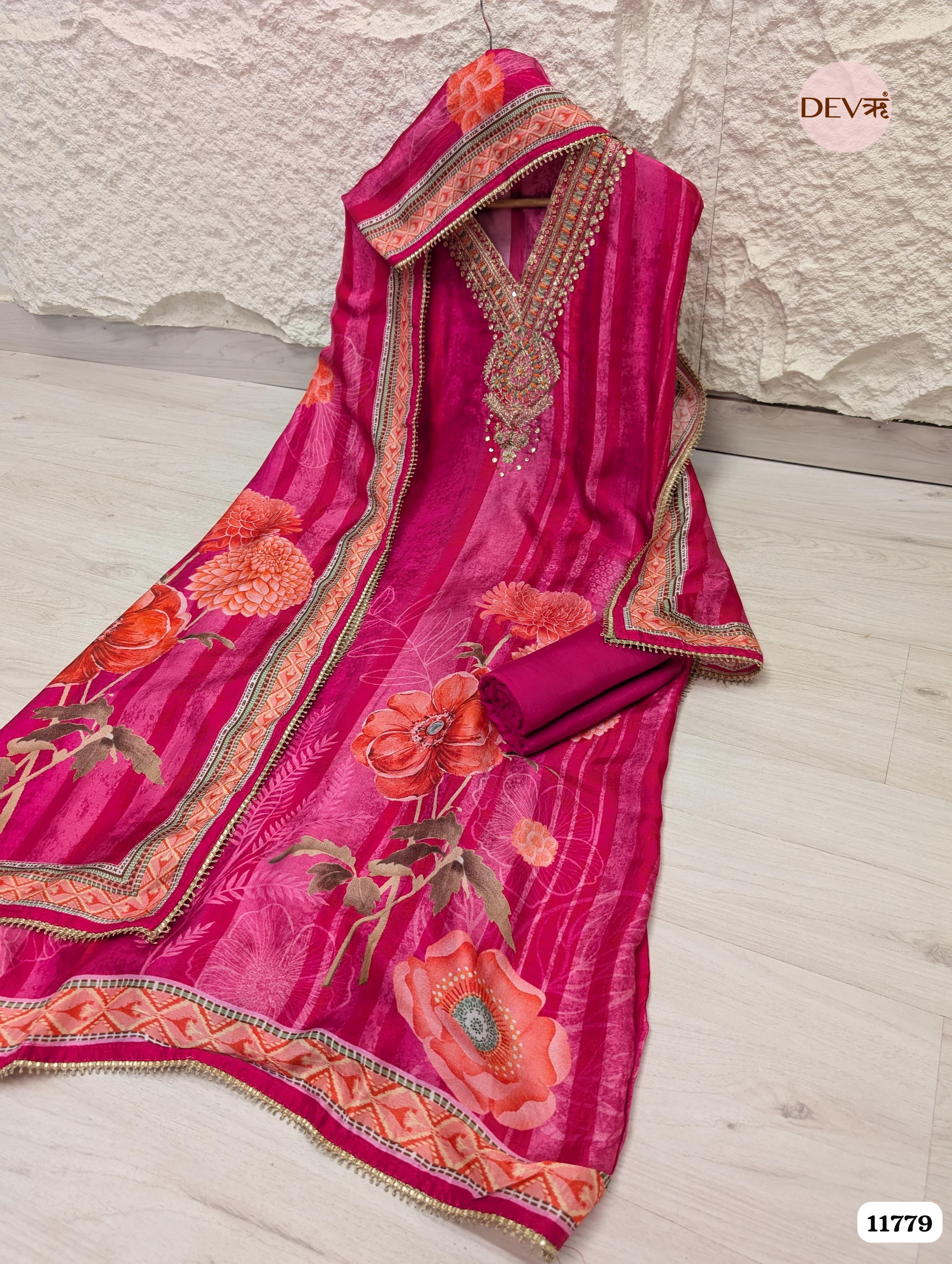 Rose Pink Russian Silk Printed Unstitched Hand Embroidered -Set Of 3 {11779}