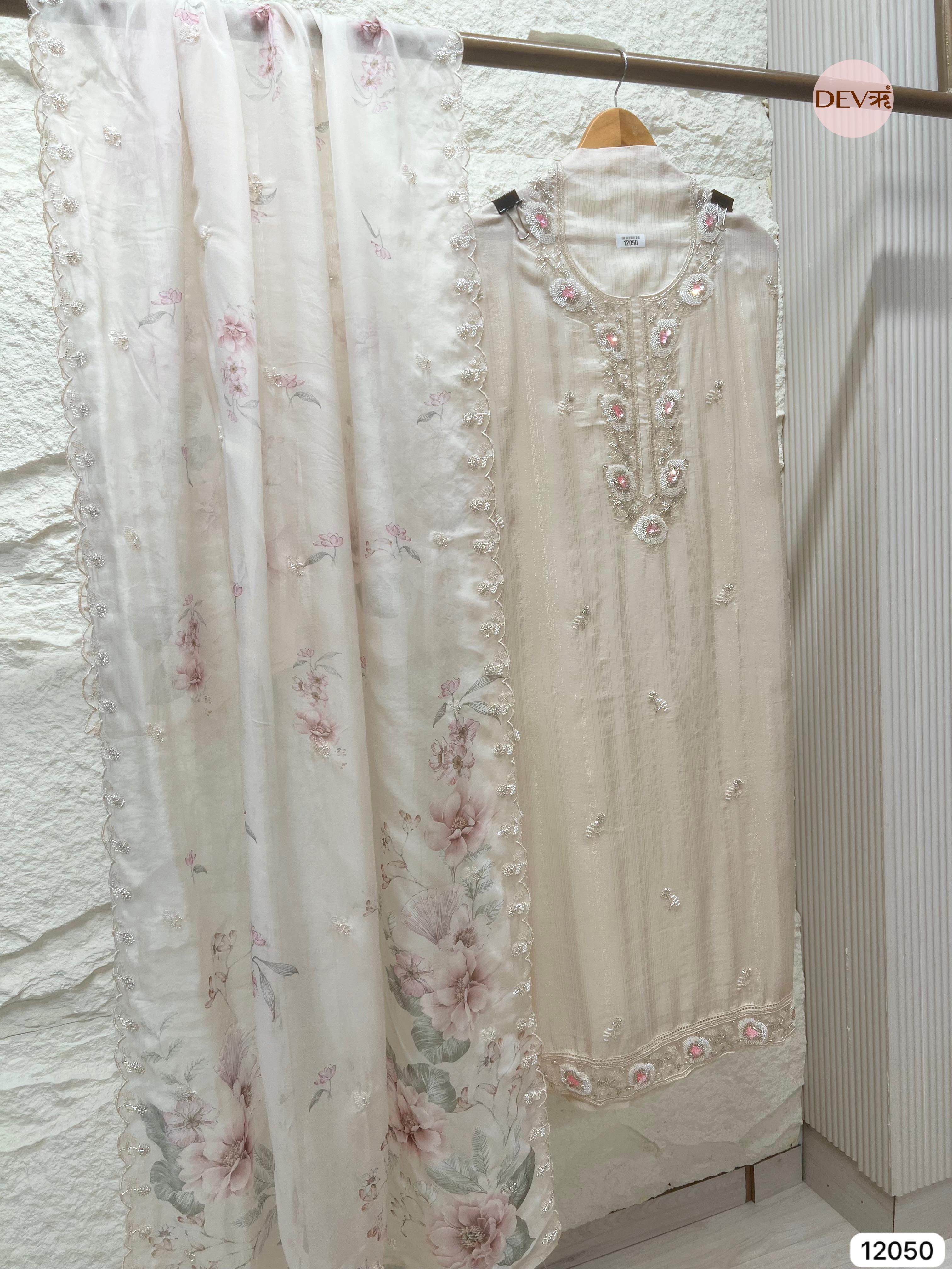 Off White Pure Organza Woven Unstitched Hand Embroidered -Set Of 3 - {12050}