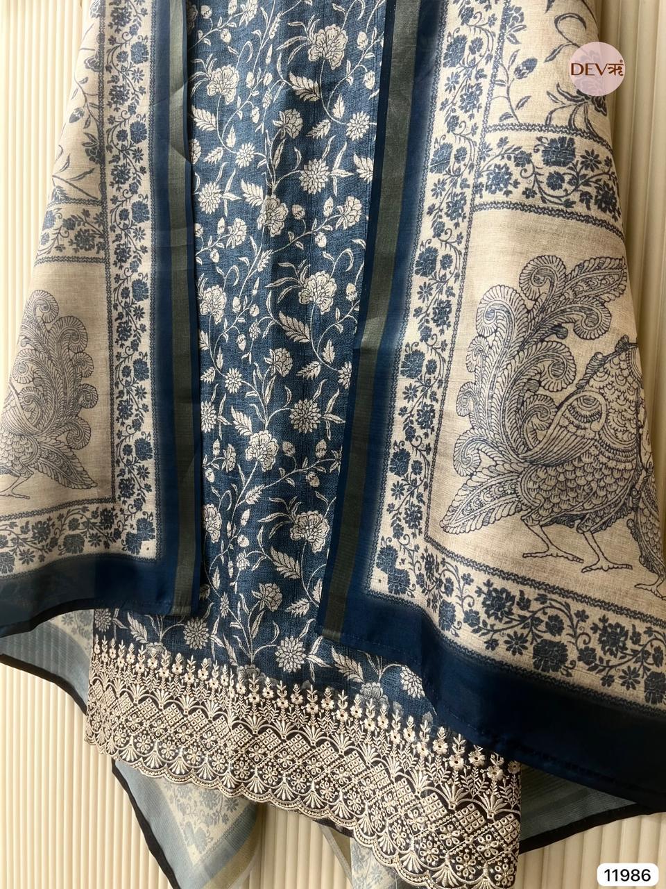 Blue Pure Tusser Silk Printed Unstitched 3-Piece Suit (Devri – D.No 11986)