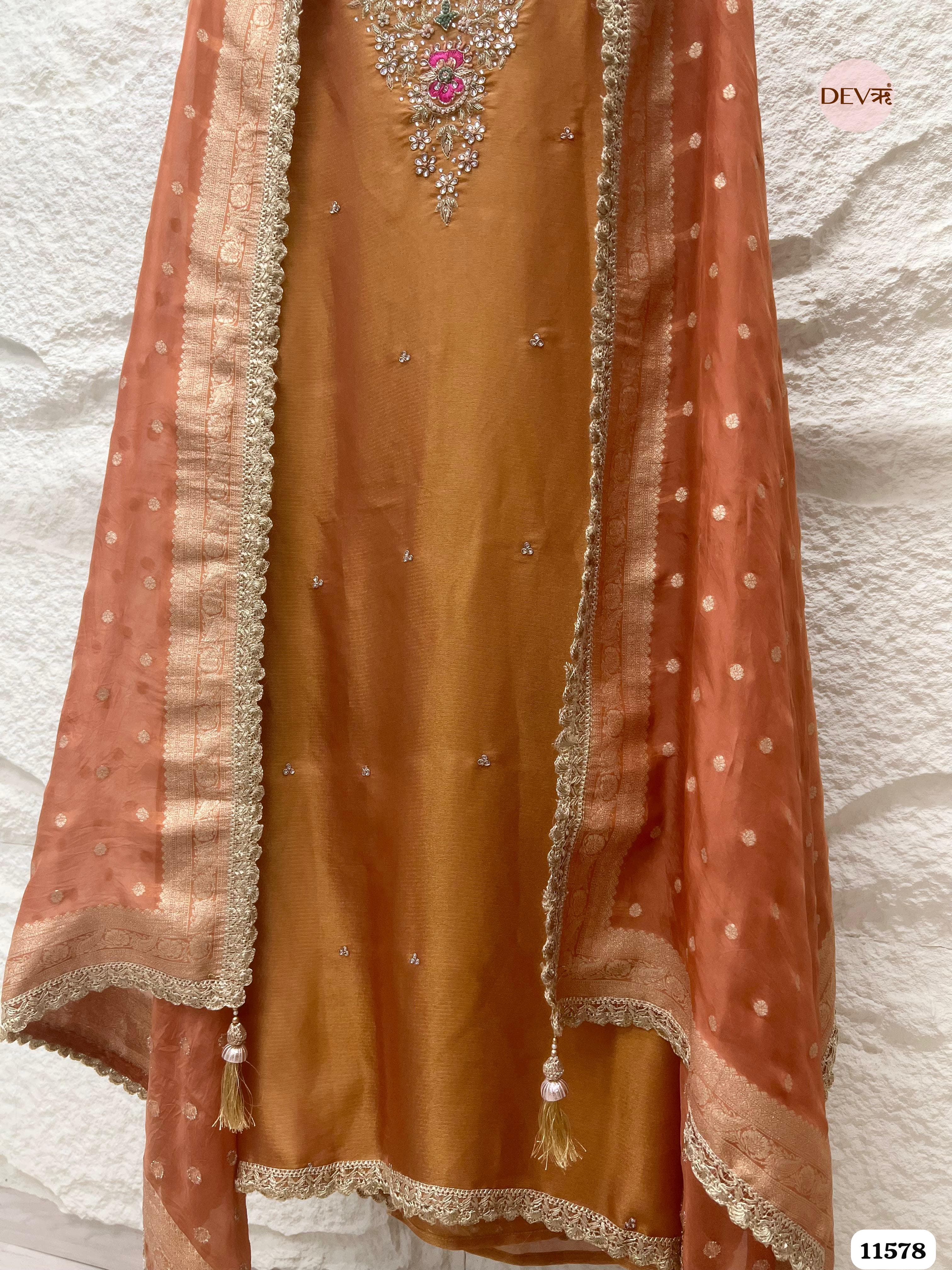 Orange Pure Tissue Silk Unstitched Hand Embroidered -Set Of 3 {11578}