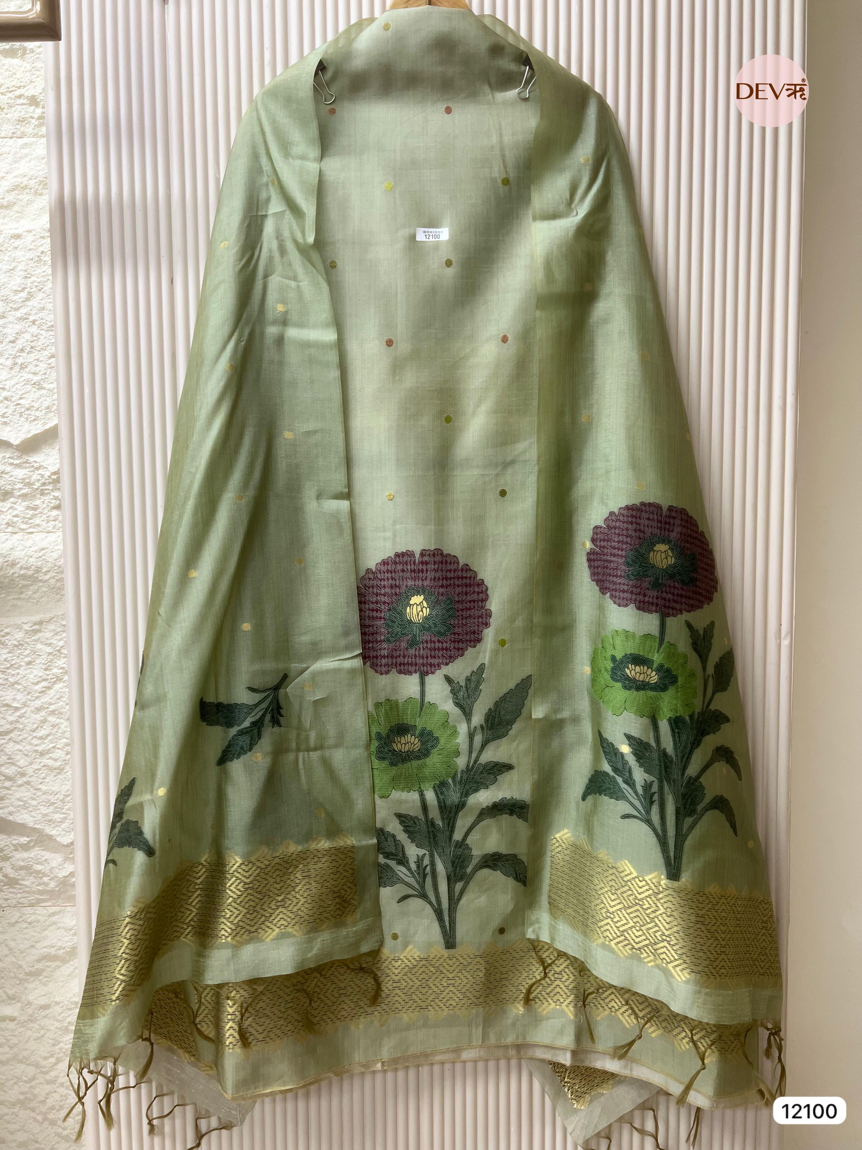 Green Banarasi Khadi Silk Unstitched -Set Of 3 - {12100}
