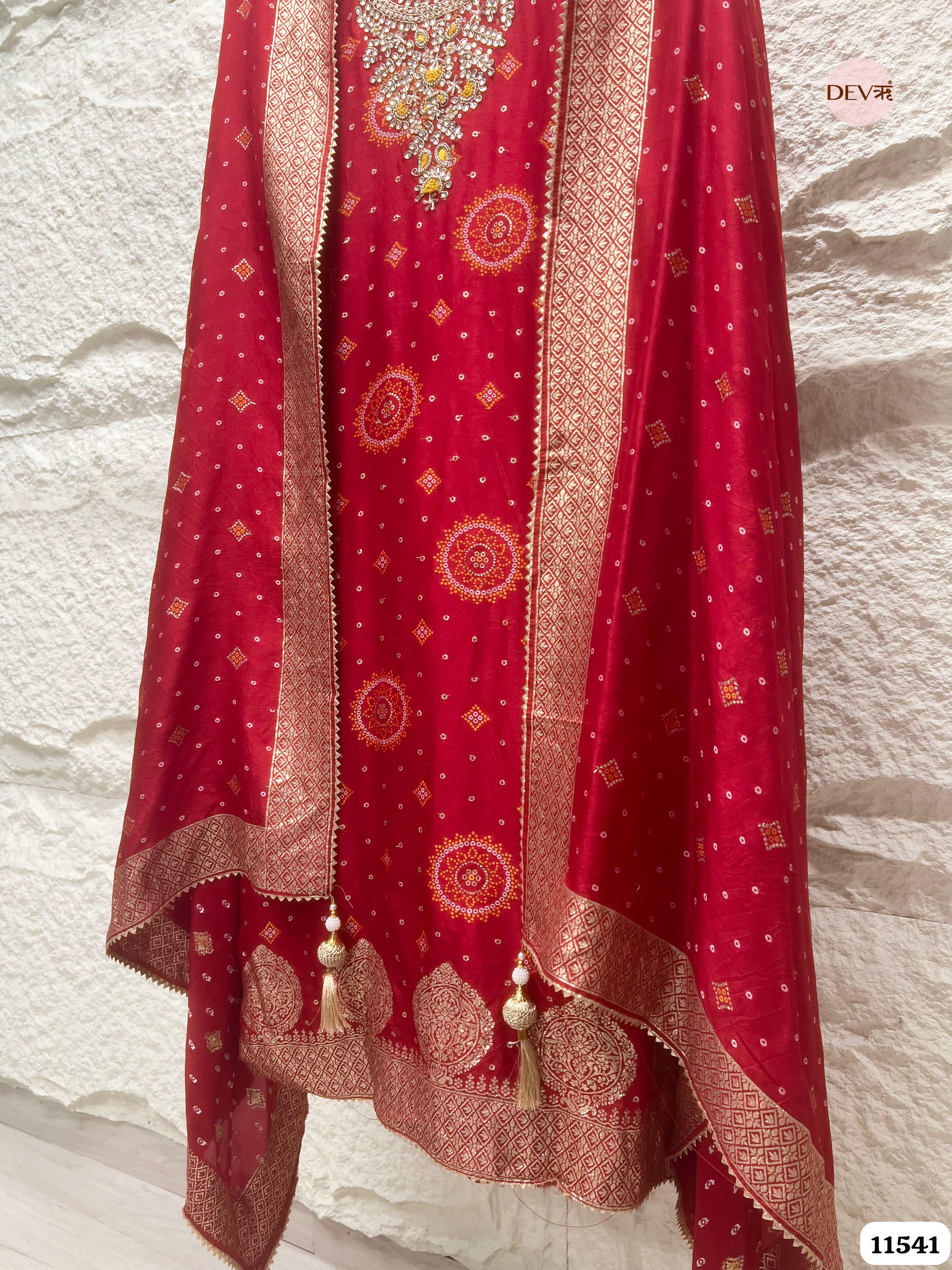 Red Pure Russian Silk Banarasi Woven Unstitched Hand Embroidered -Set Of 3 {11541}