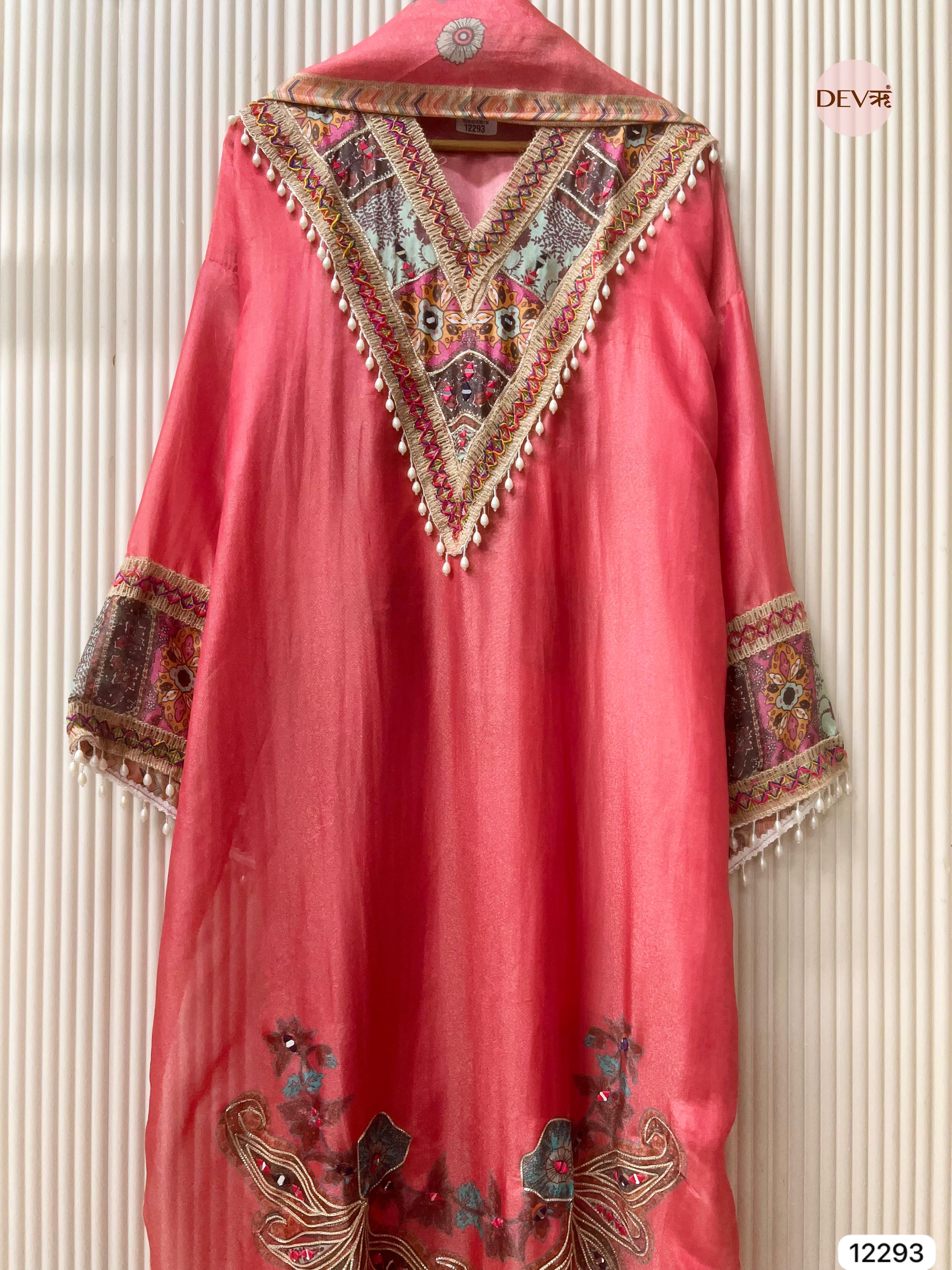 Coral Pink Shimmer Silk Printed Unstitched 3-Piece Suit (Devri – D.No 12293)
