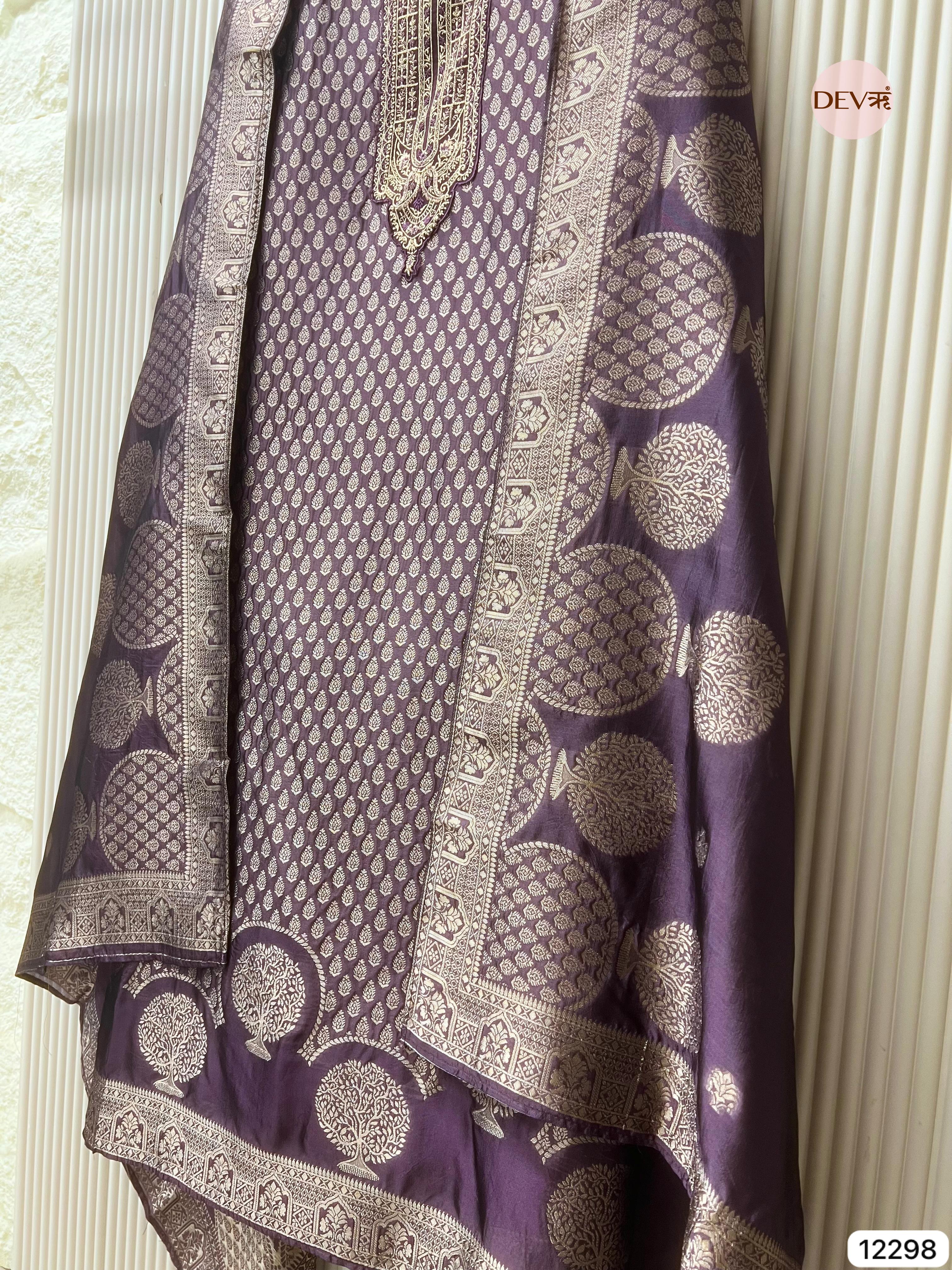 Plum Pure Banarasi Silk Woven Unstitched 3-Piece Suit (Devri – D.No 12298)