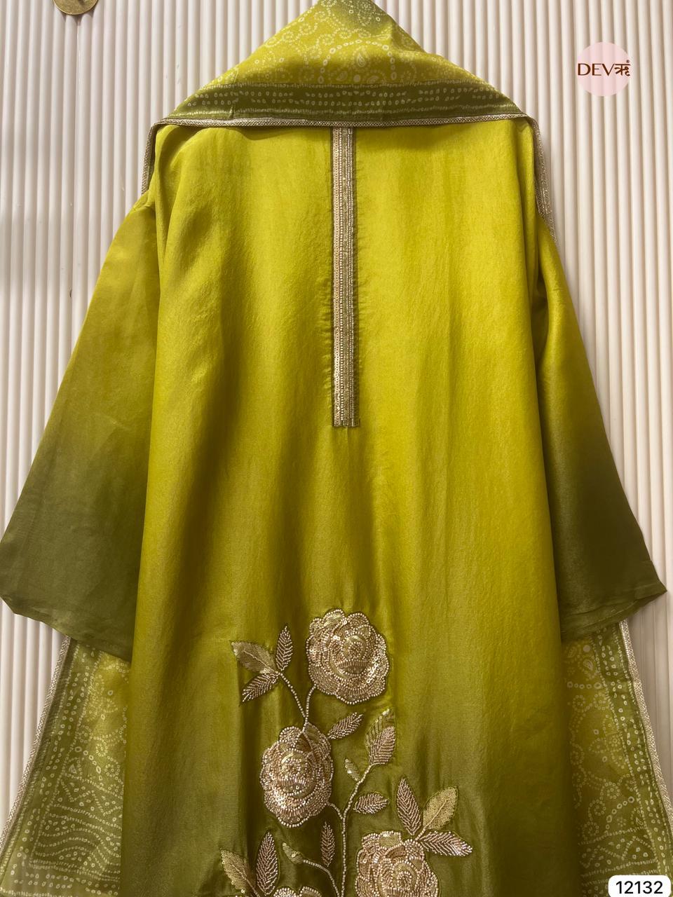 Olive-Green Soft Tissue Silk Embroidered Unstitched 3-Piece Suit (Devri – D.No 12132)