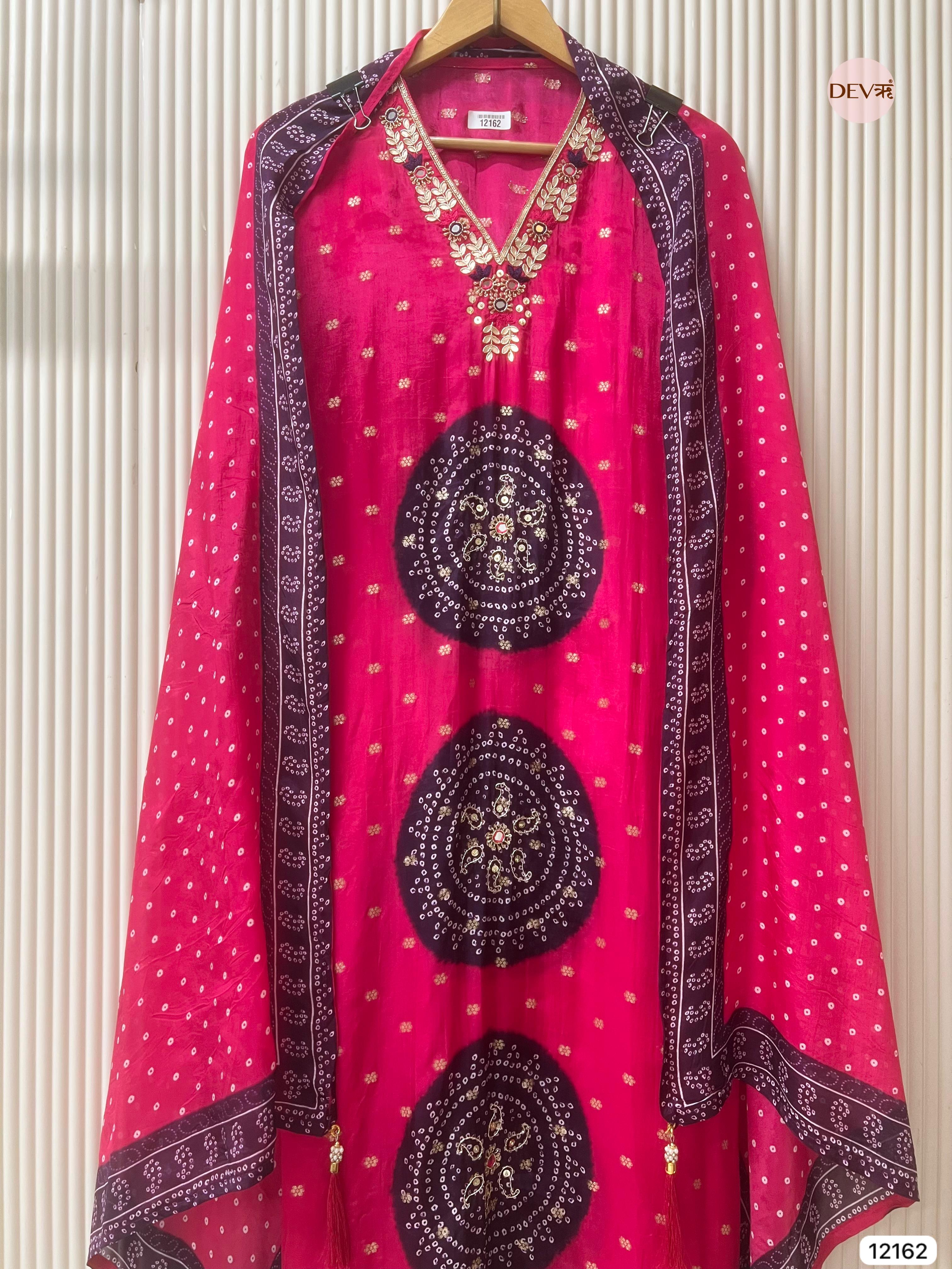 Pink Pure Shimmer Organza Silk Unstitched Banarasi Woven Bandhani Printed Hand Embroidered -Set Of 3 - {12162}