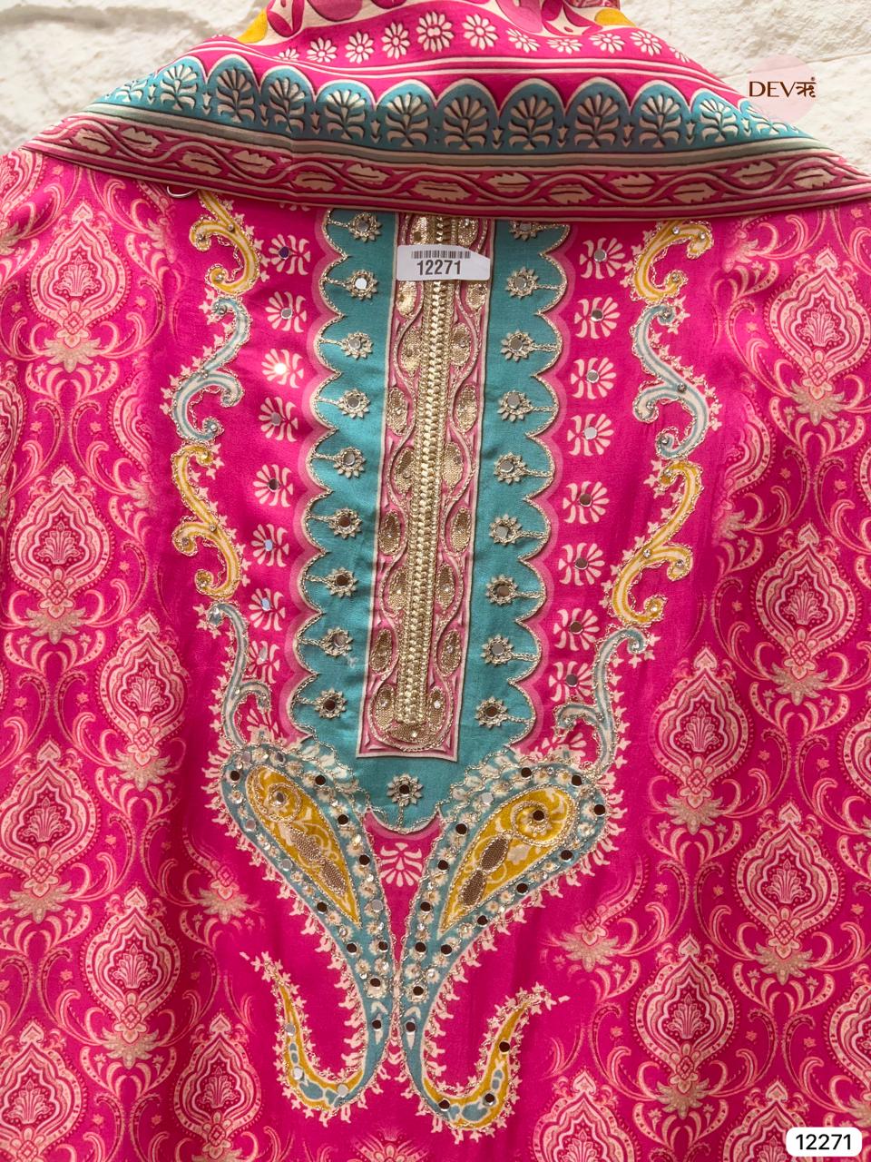 Rani Pink Russian Silk Printed Unstitched 3-Piece Suit (Devri – D.No 12271)