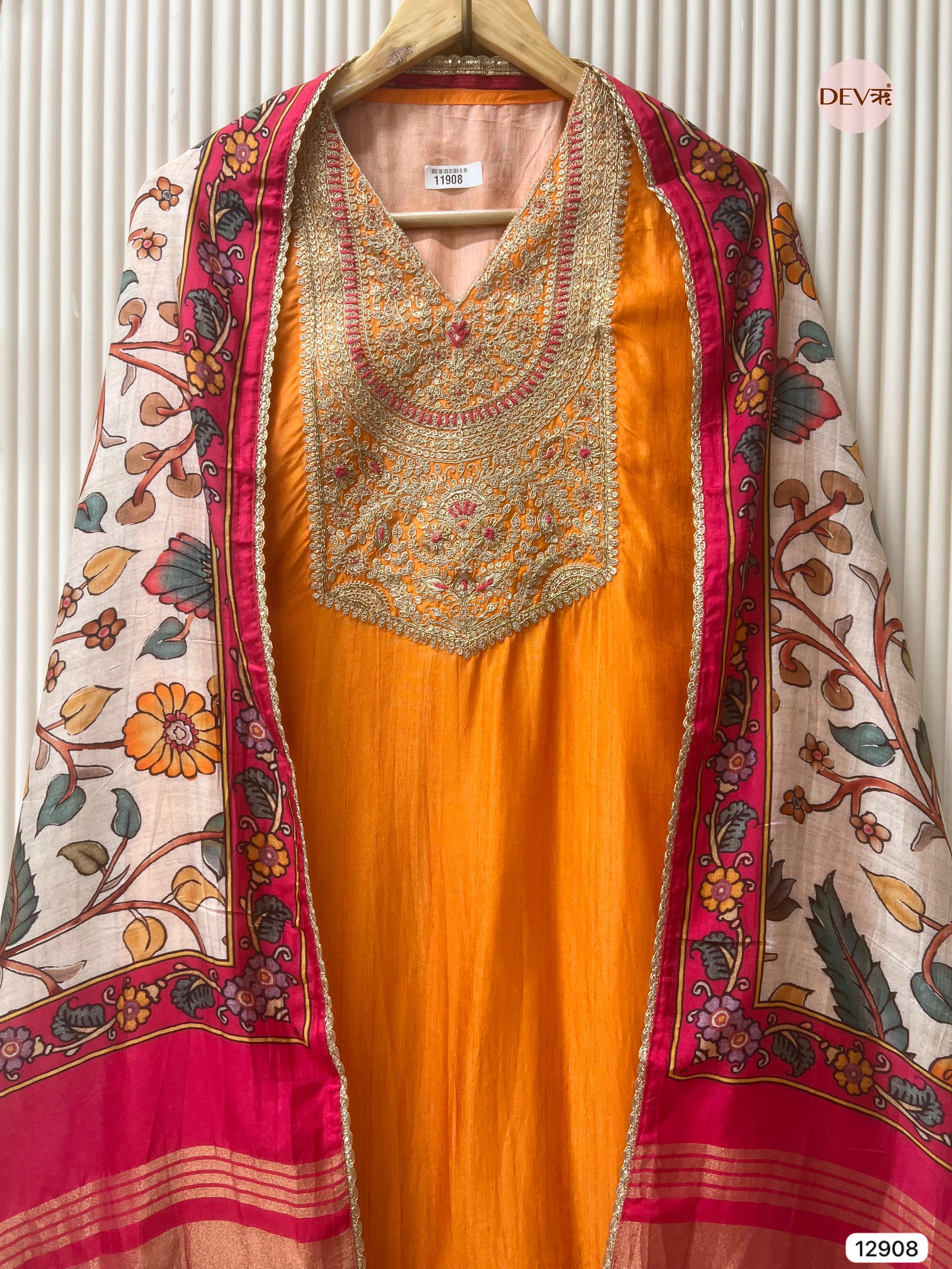 Orange Russian Silk Unstitched Embroidered -Set Of 3 - {11908}