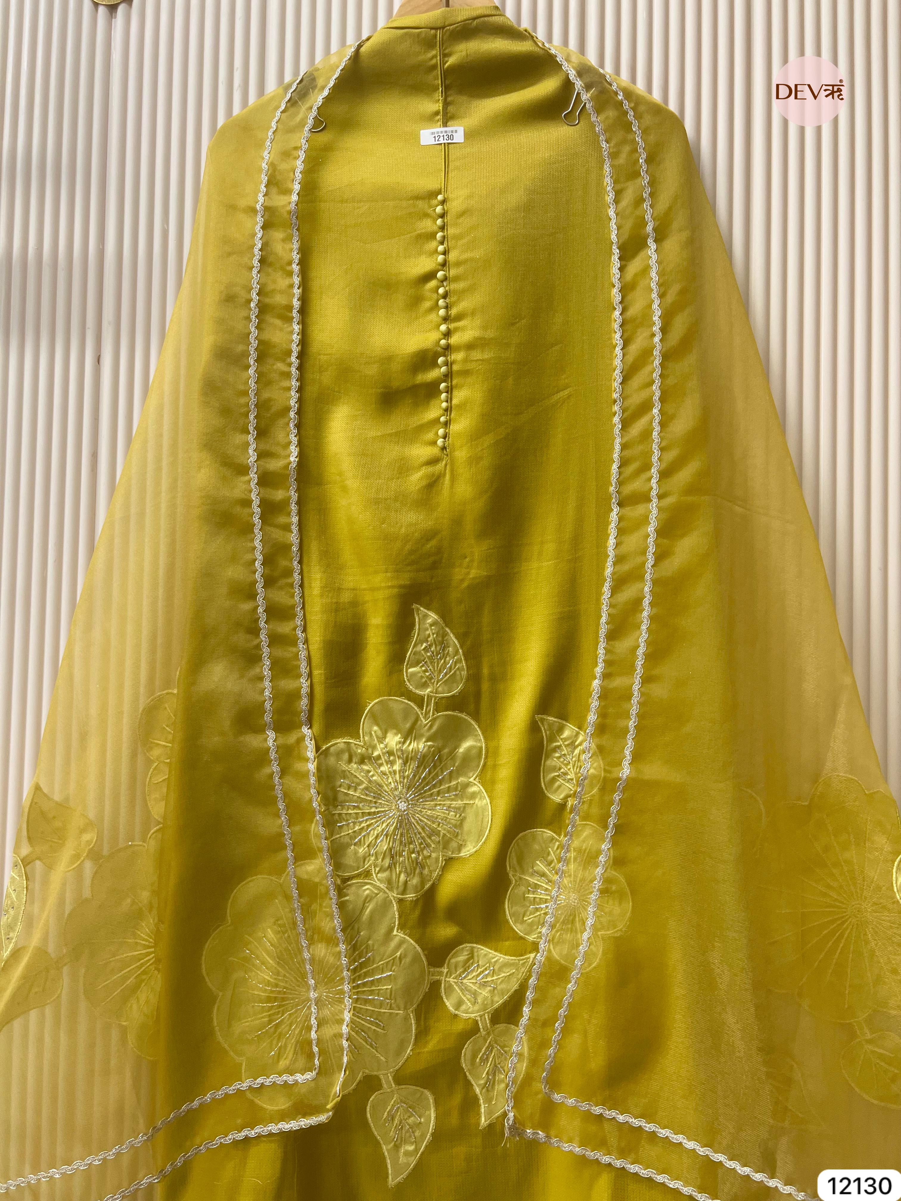 Yellow Shimmer Silk Unstitched Applique Embroidered -Set Of 3 - {12130}