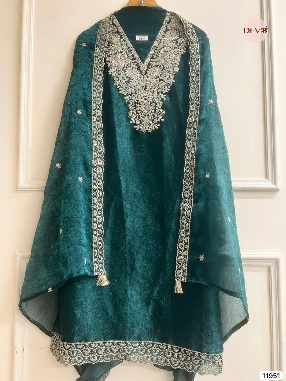 Teal Crush Tissue Embroidered Unstitched 3-Piece Suit (Devri – D.No 11951)