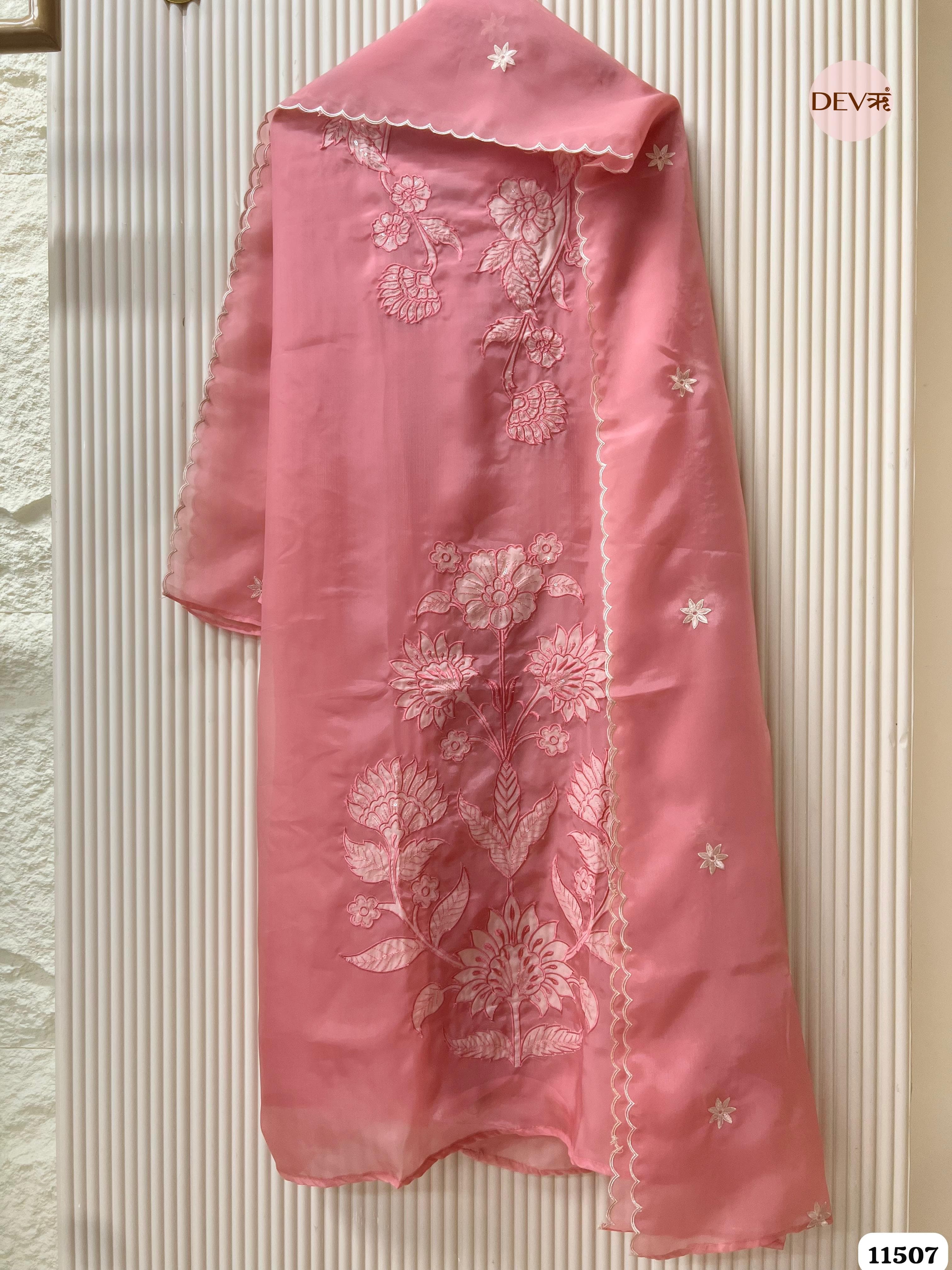 Pink organza Silk Unstitched Embroidered -Set Of 3 {11507}