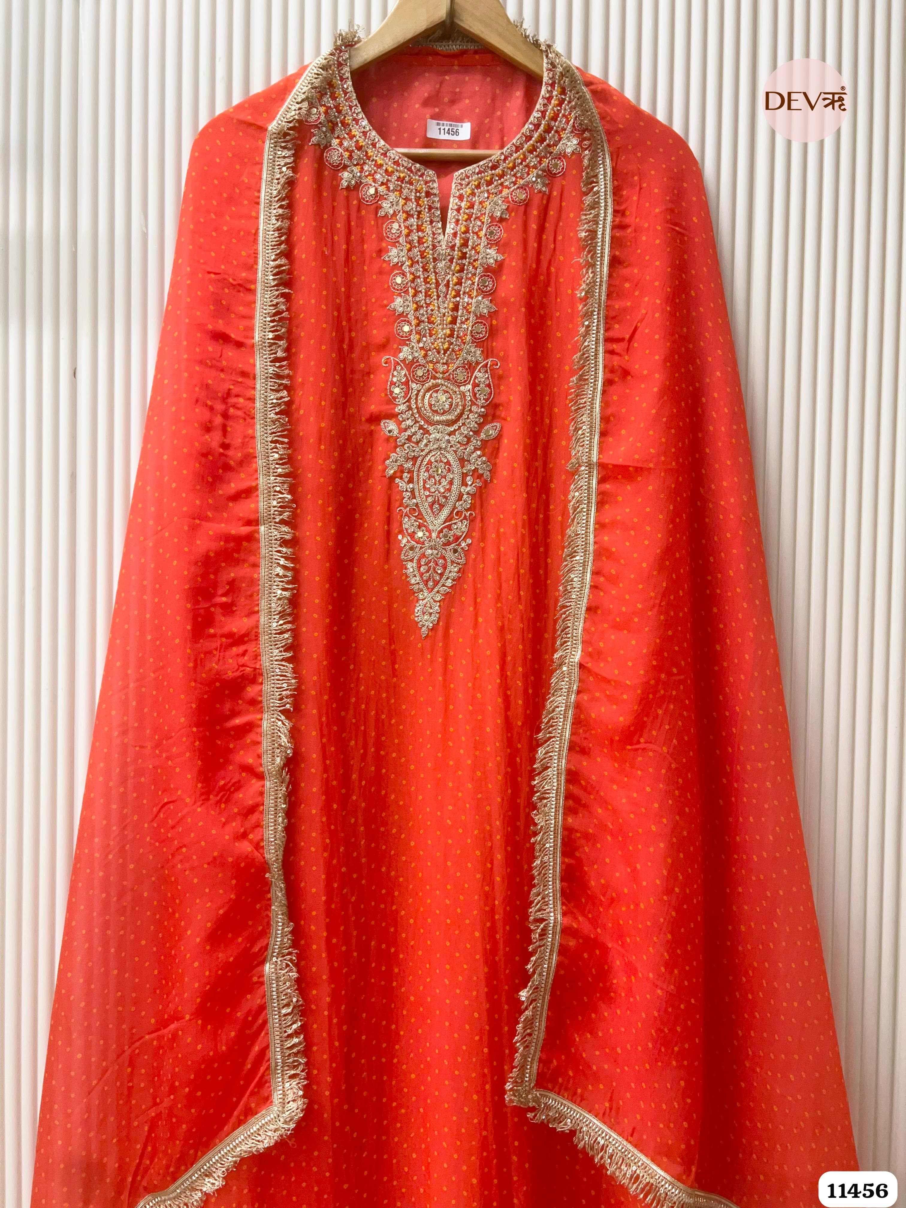 Bright Reddish-Orange Pure Organza Printed Hand Embroidered -Set Of 3 {11456}
