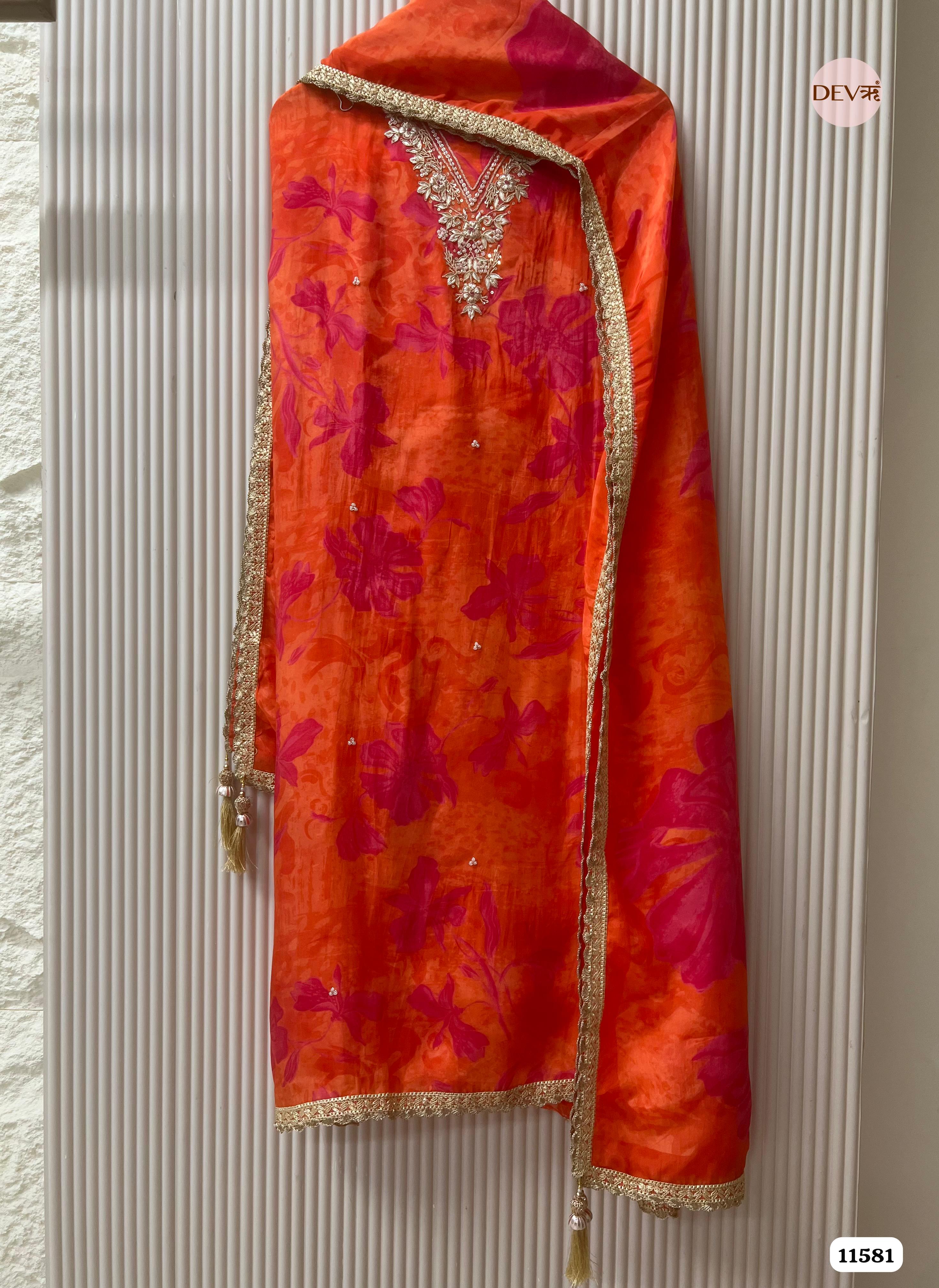 Orange Pure Organza Silk Printed Unstitched Hand Embroidered -Set Of 3 {11581}