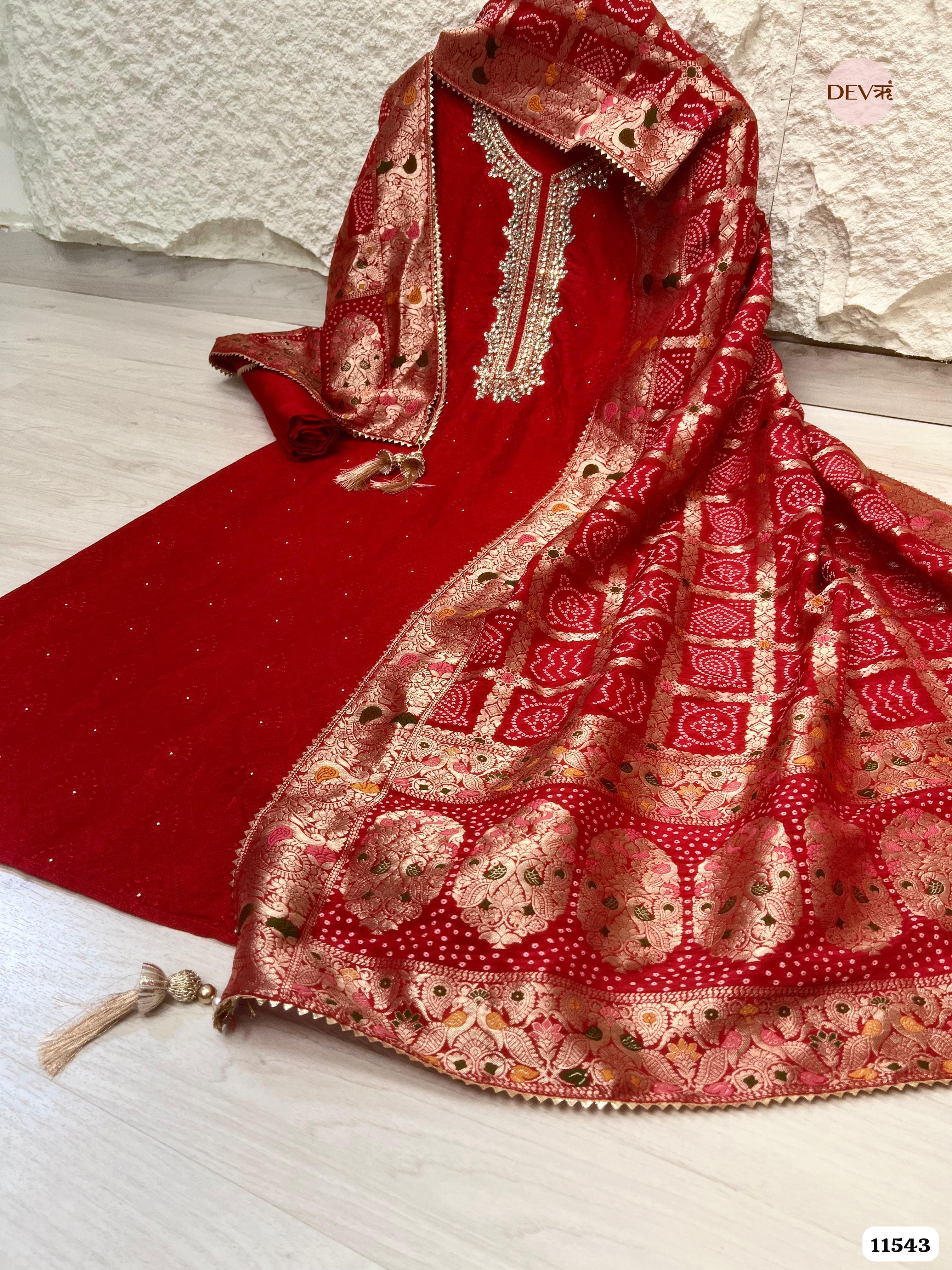 Red Pure Russian Silk Unstitched Hand Embroidered -Set Of 3 {11543}