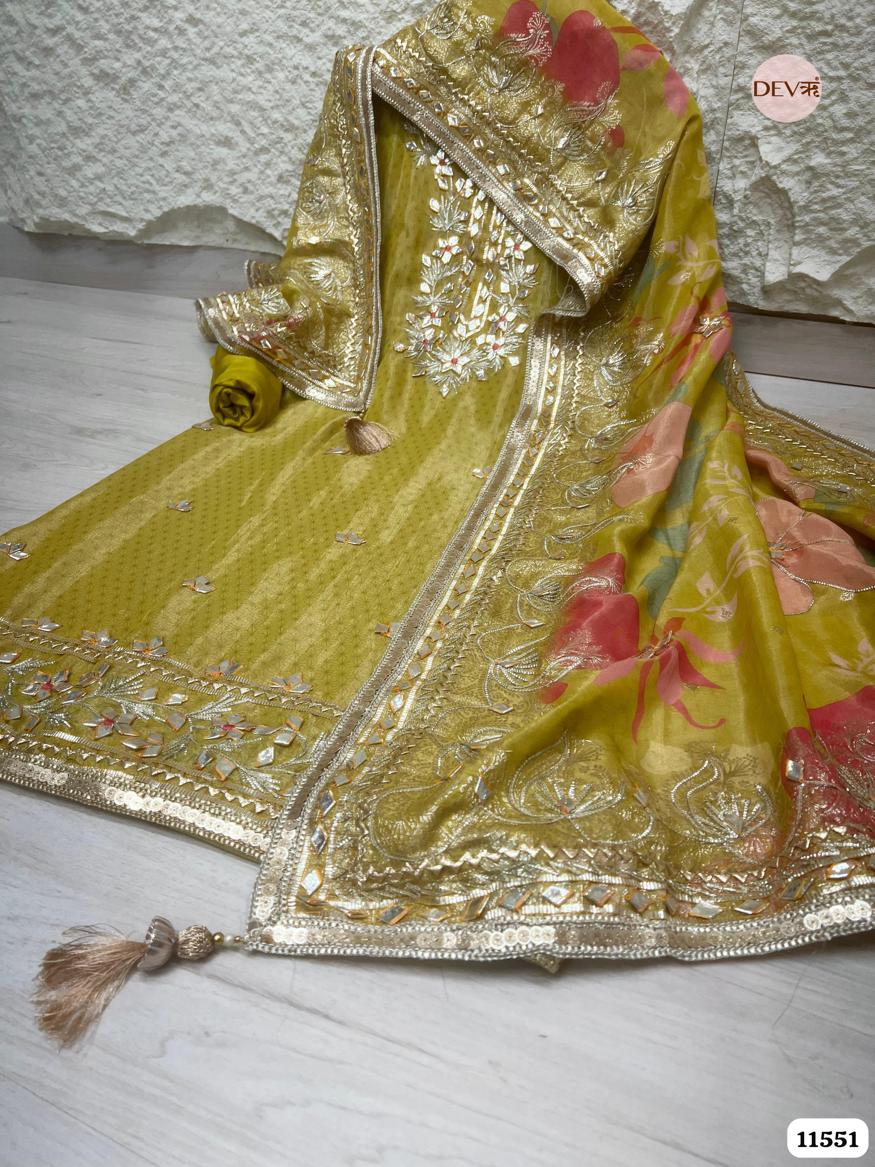 Olive Green Pure Tissue Silk Unstitched Printed Hand Gota Embroidered -Set Of 3 {11551}
