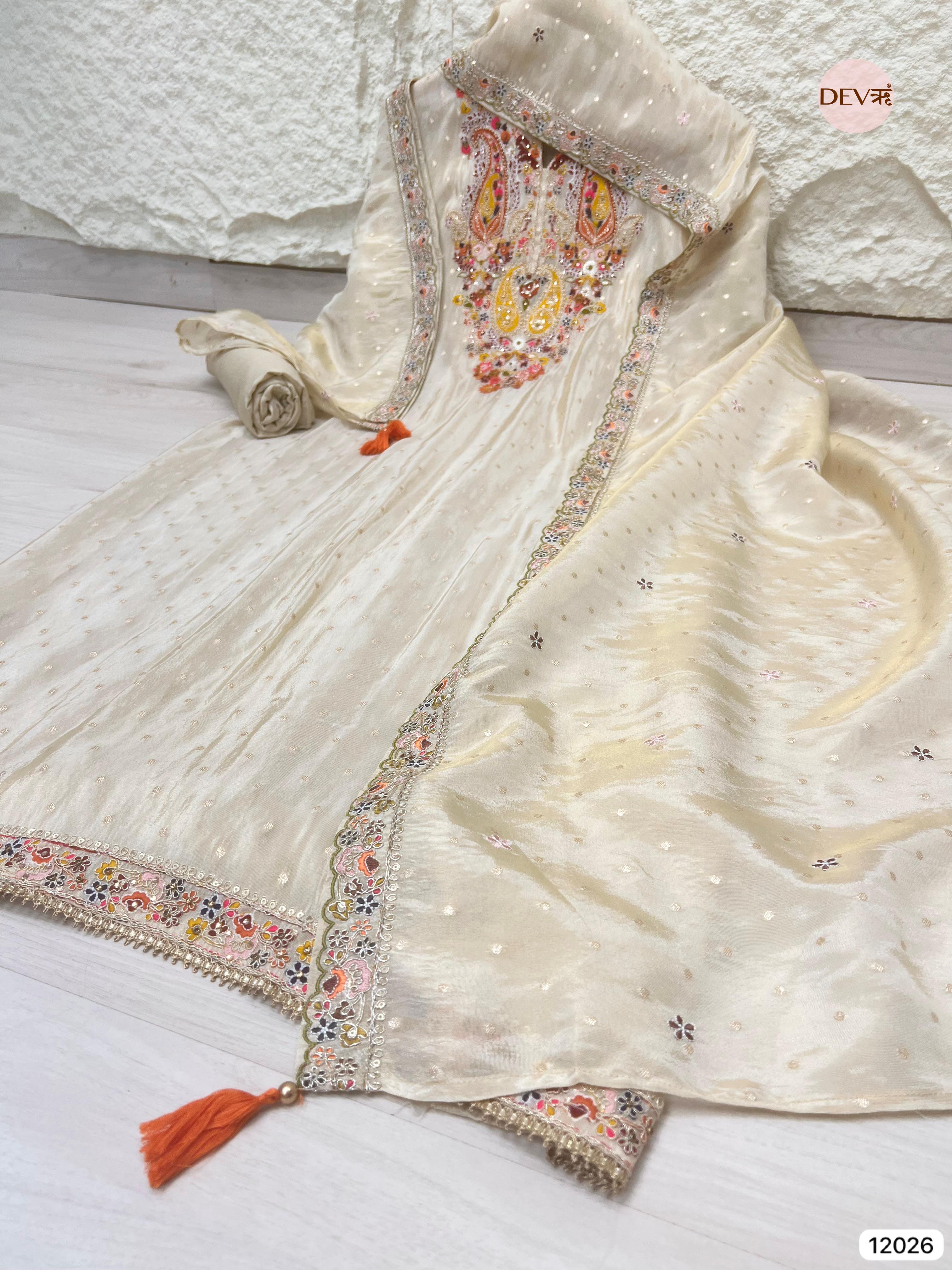 Cream Colour Tissue Shimmer Silk Unstitched Embroidered -Set Of 3 - {12026}