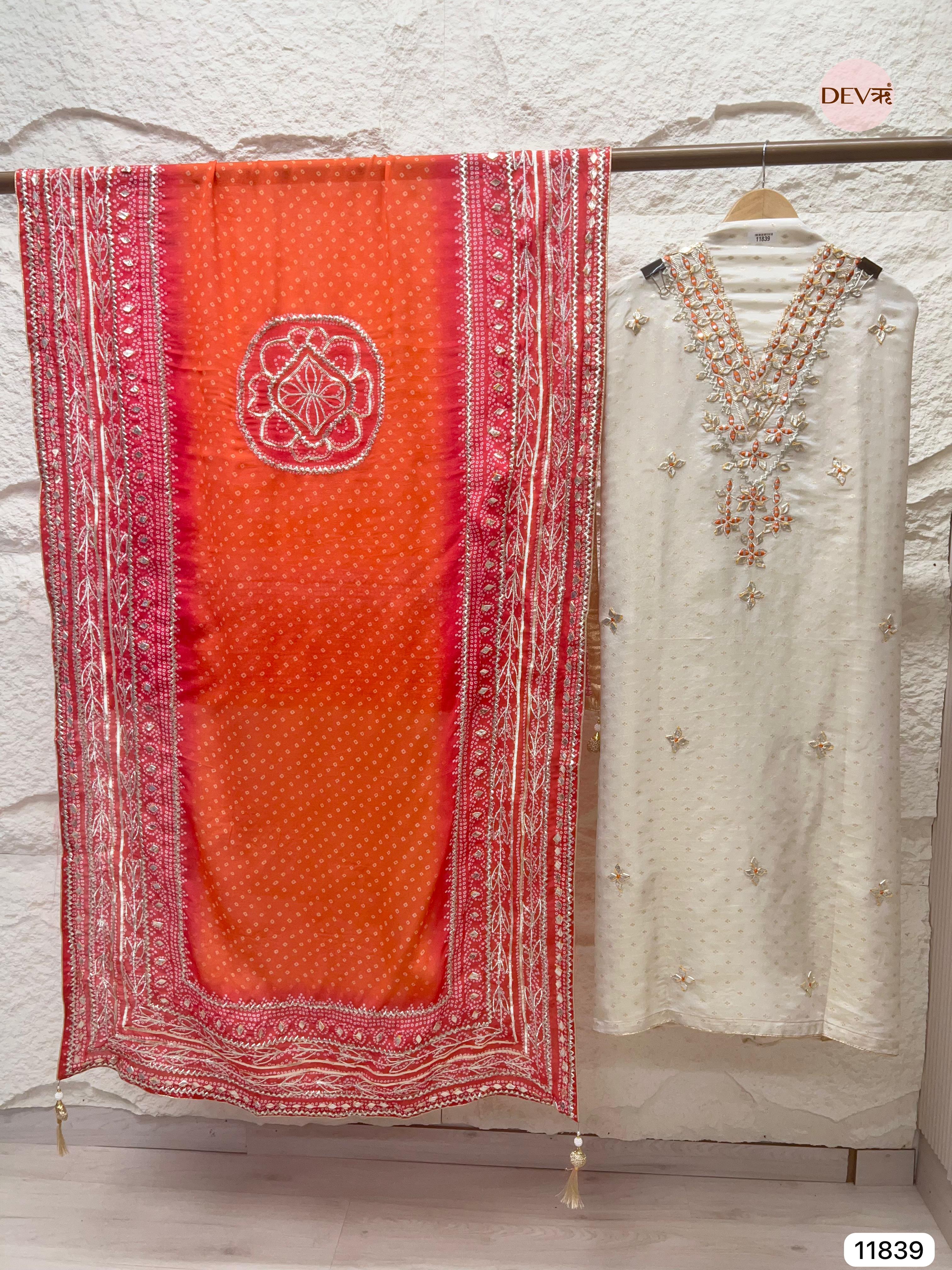 Cream Colour Pure Tissue Crush Silk Unstitched Hand Embroidered -Set Of 3- {11839}