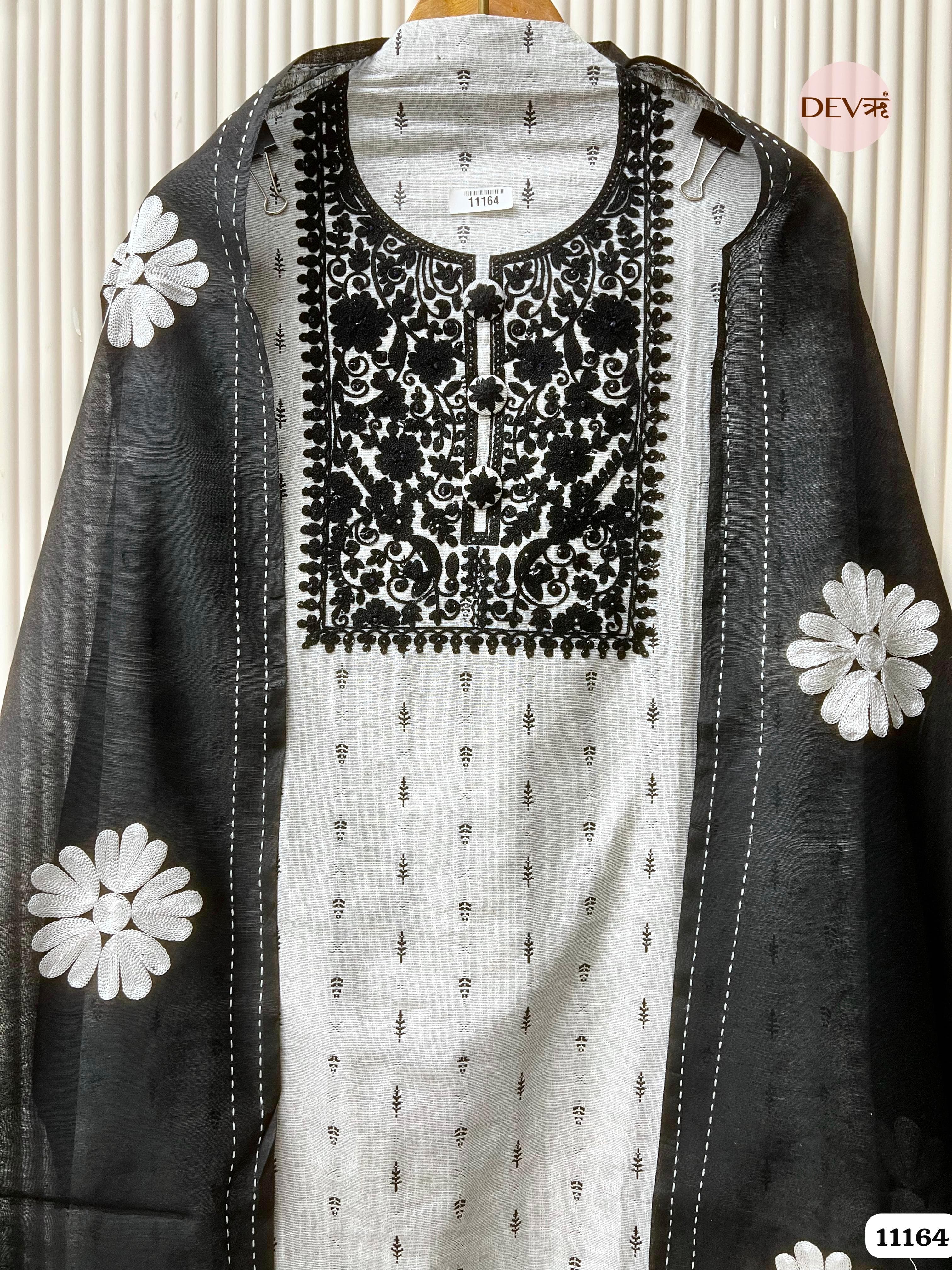 Black/White Cotton Handloom Unstitched Embroidered -Set Of 3