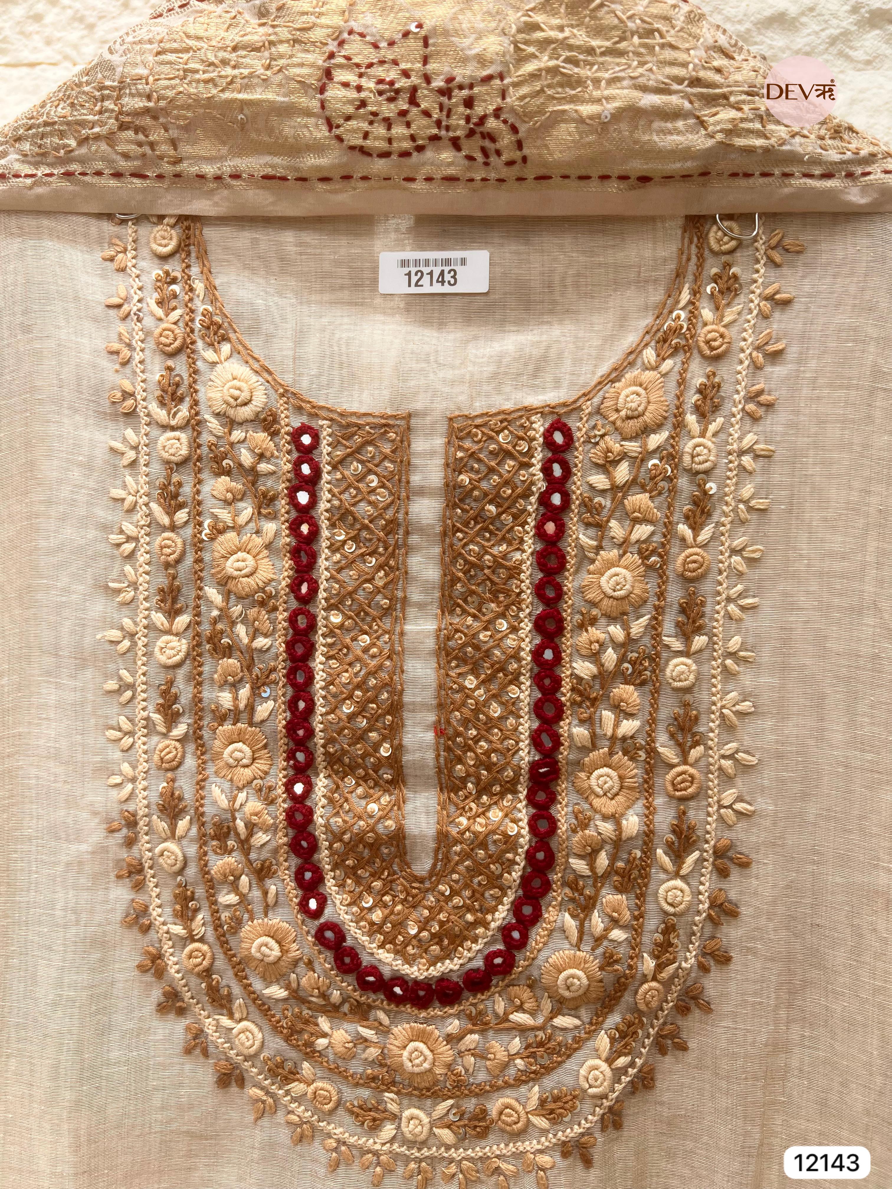 Off white Tissue Silk Unstitched Hand Embroidered -Set Of 3 - {12143}
