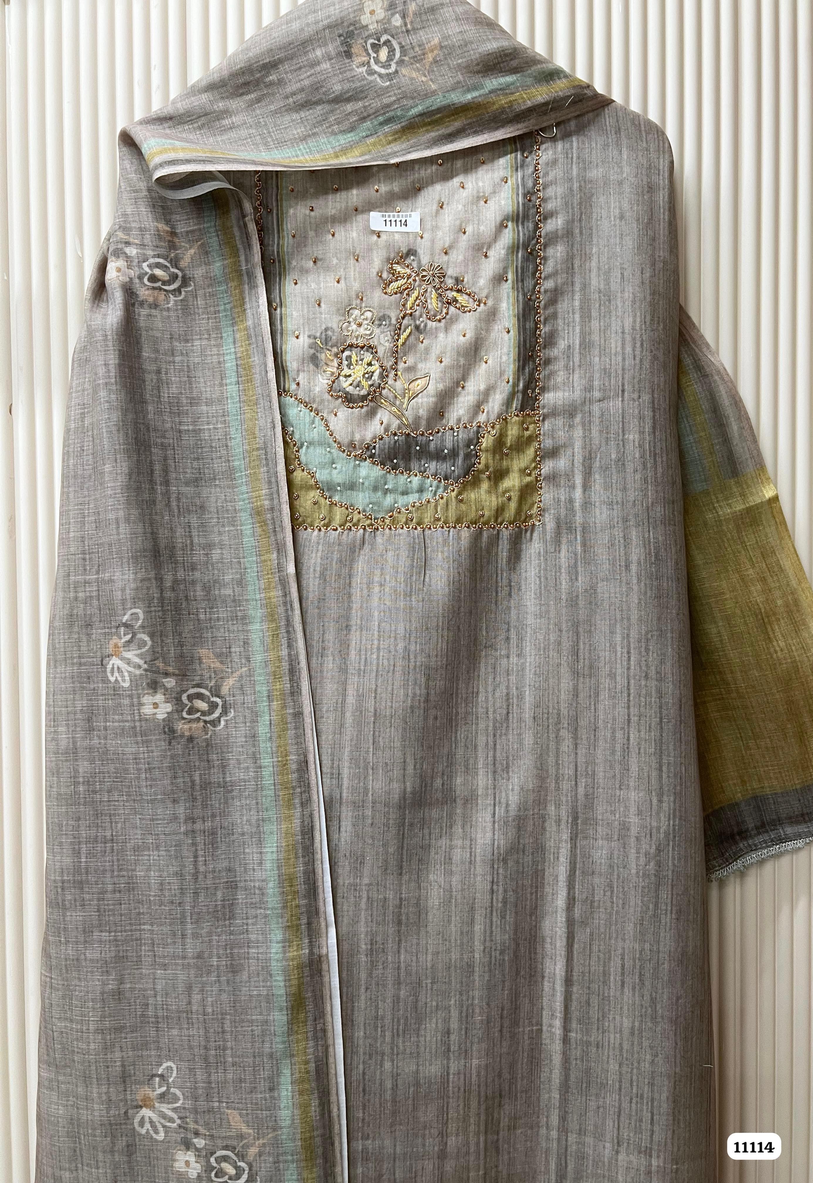 Grey Linen Printed Unstitched Hand Embroidered -Set Of 3