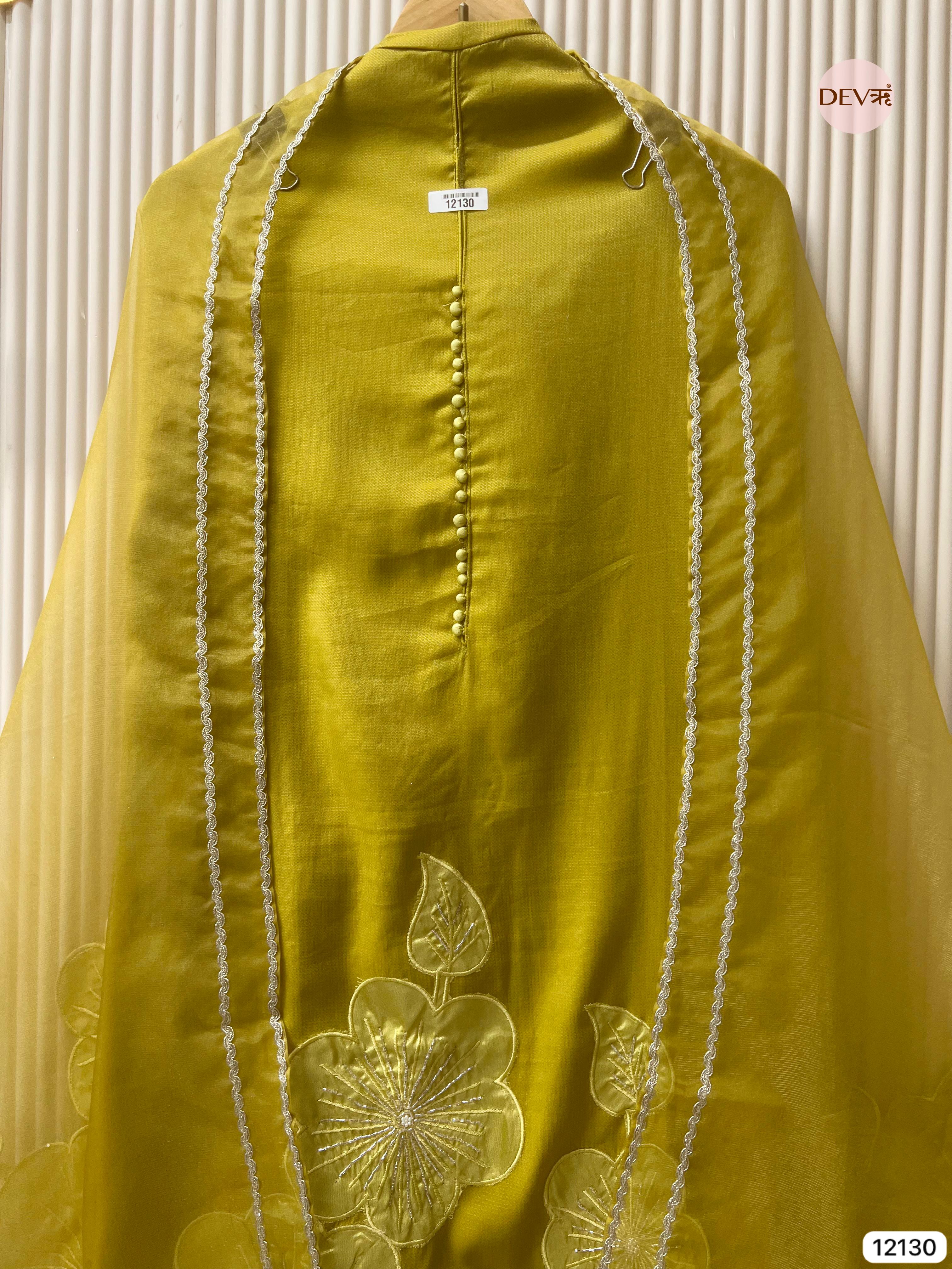 Yellow Shimmer Silk Unstitched Applique Embroidered -Set Of 3 - {12130}