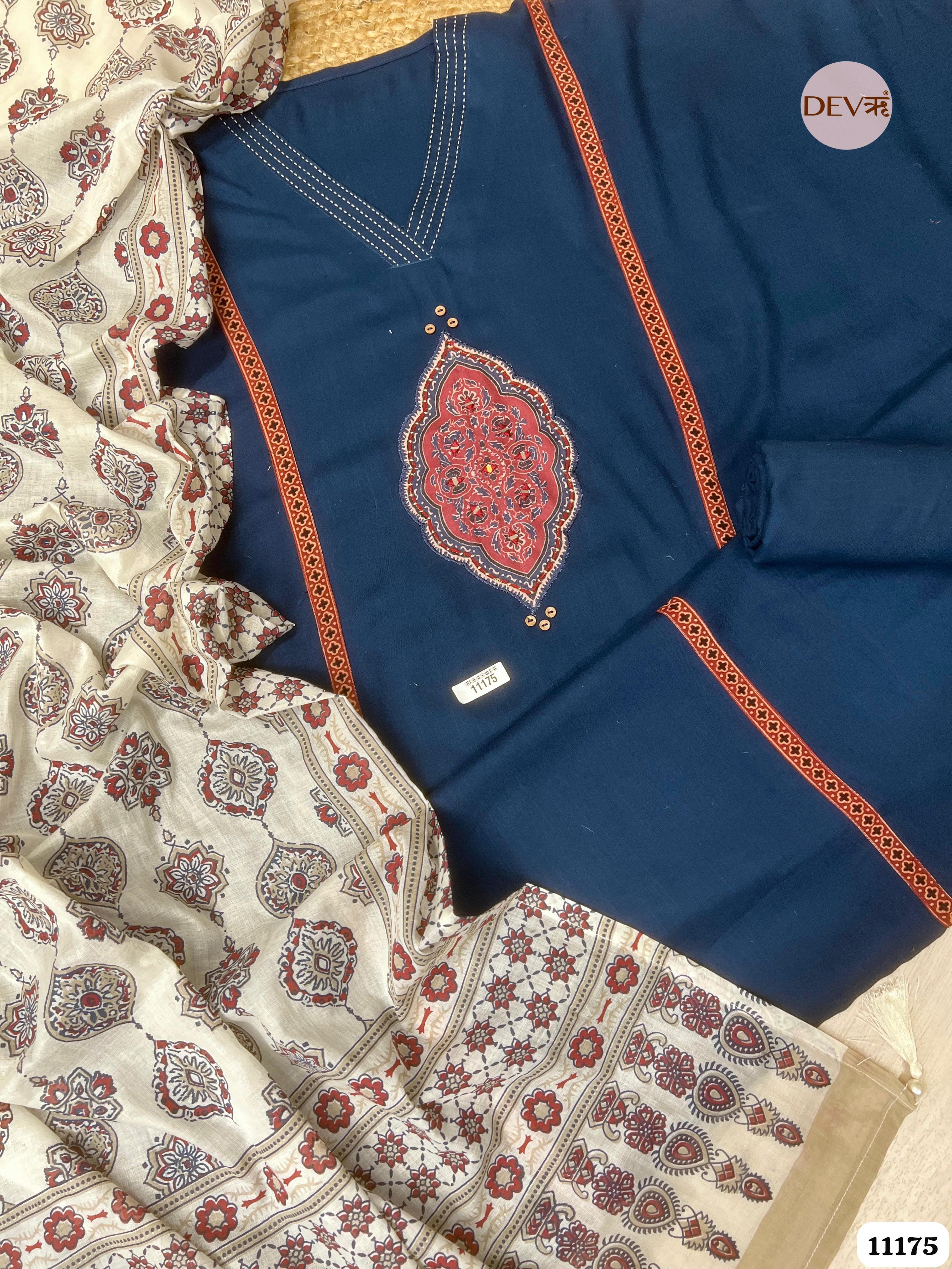 Blue Slub Cotton Unstitched Hand Embroidered -Set Of 3 {11175}