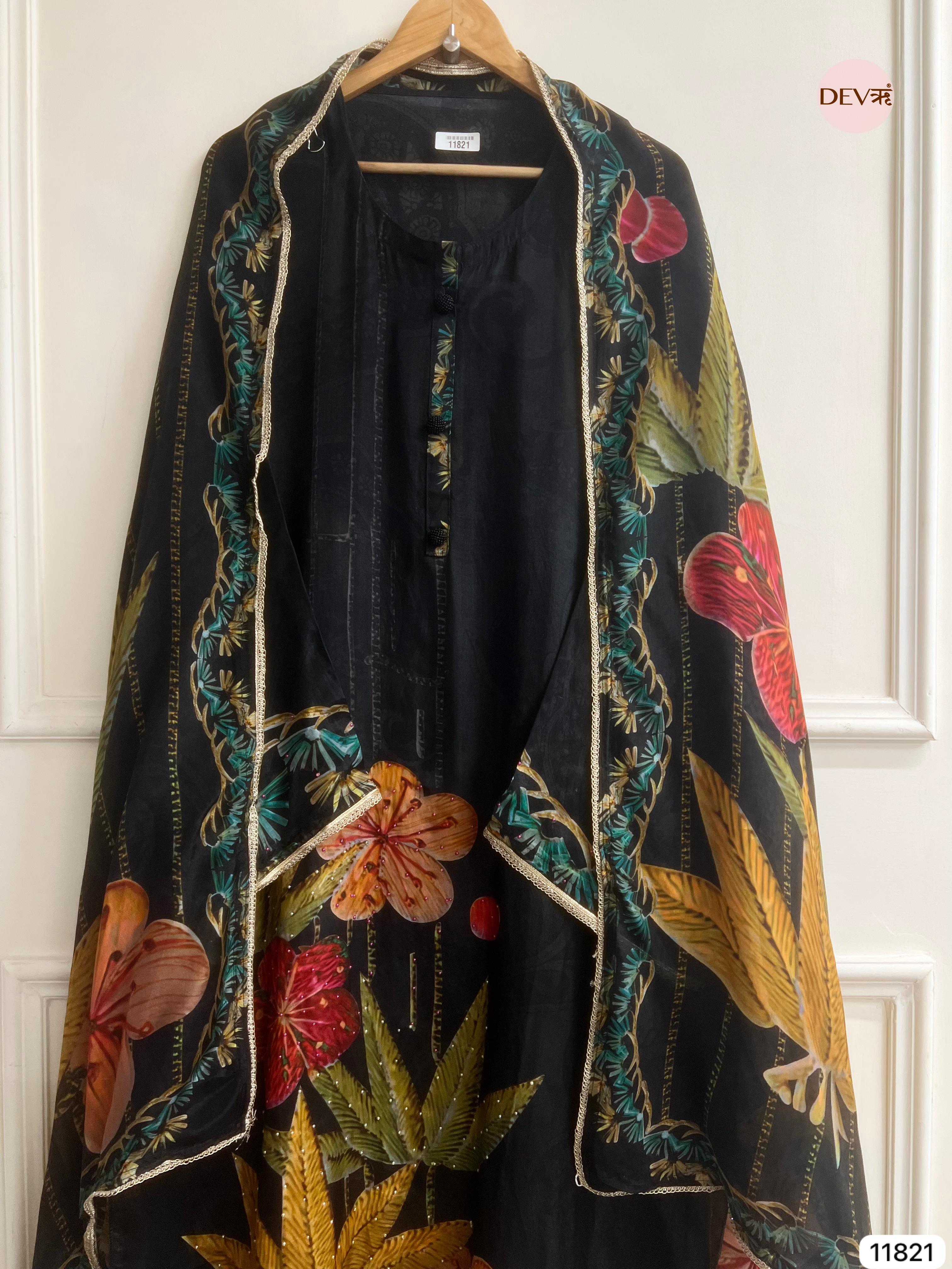Black Organza silk Semi Stitched Printed Hand Embroidered -Set Of 3 - {11821}