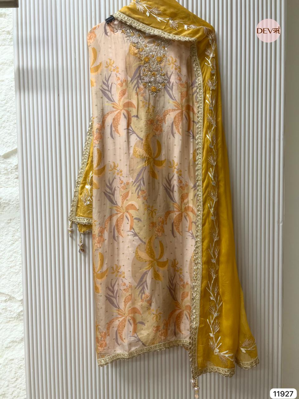 Mustard Yellow Glass Tissue Silk Unstitched Printed Hand Embroidered -Set Of 3 - {11927}