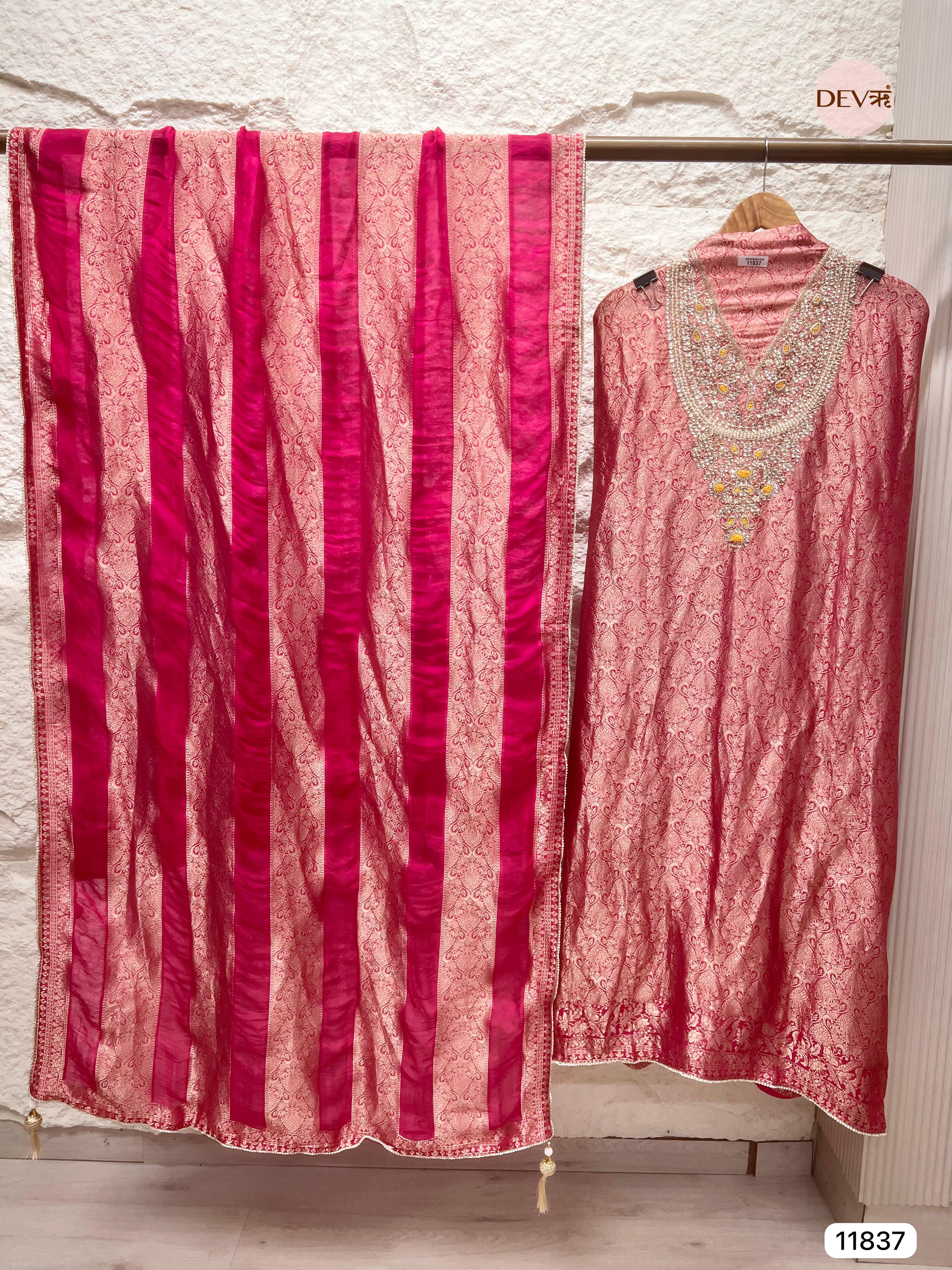 Red Pure Dola Silk Unstitched Banarasi Weave Hand Embroidered -Set Of 3- {11837}