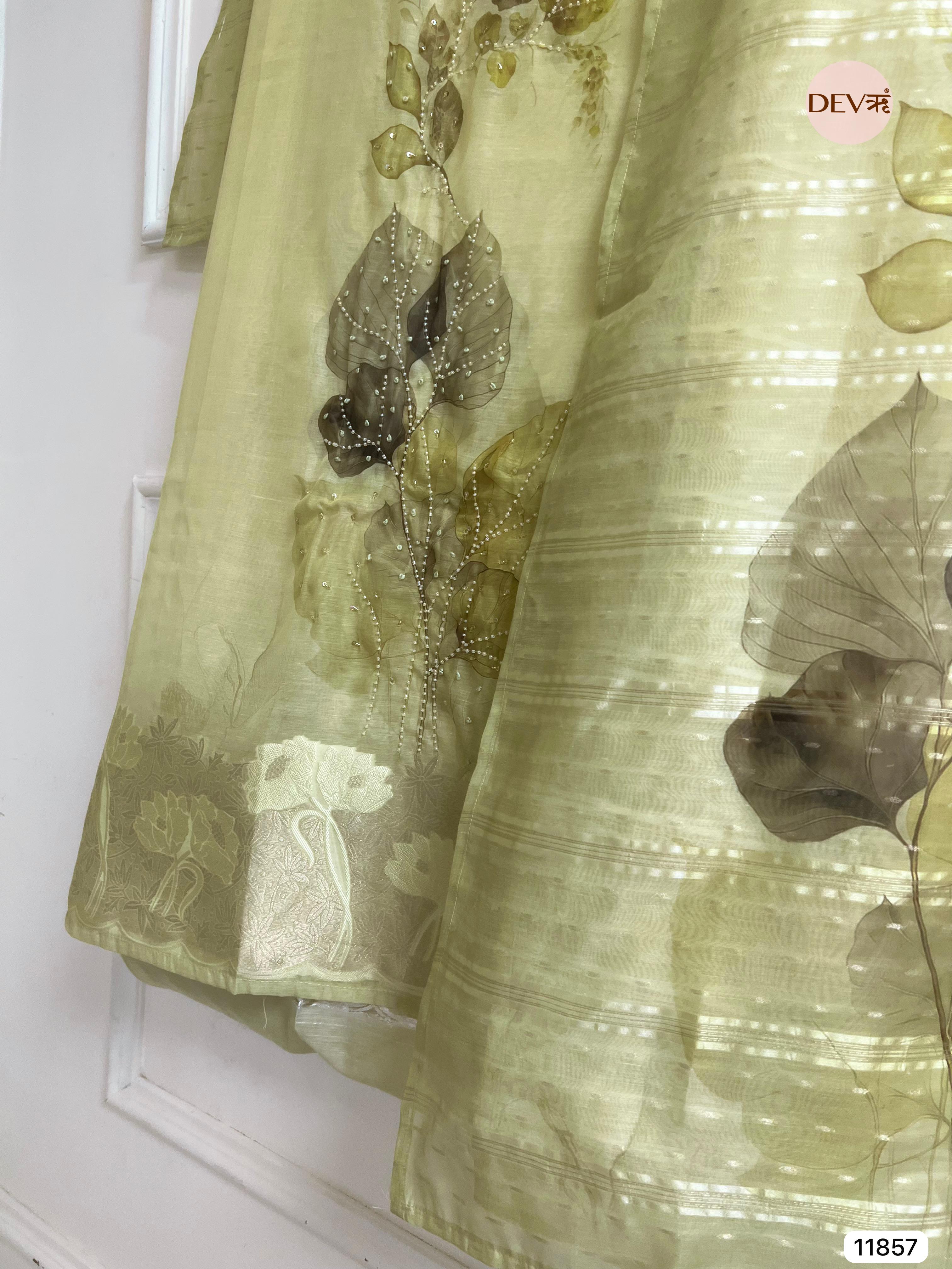 Green Jamdani Silk Unstitched Printed Woven Hand Embroidered -Set Of 3 - {11857}