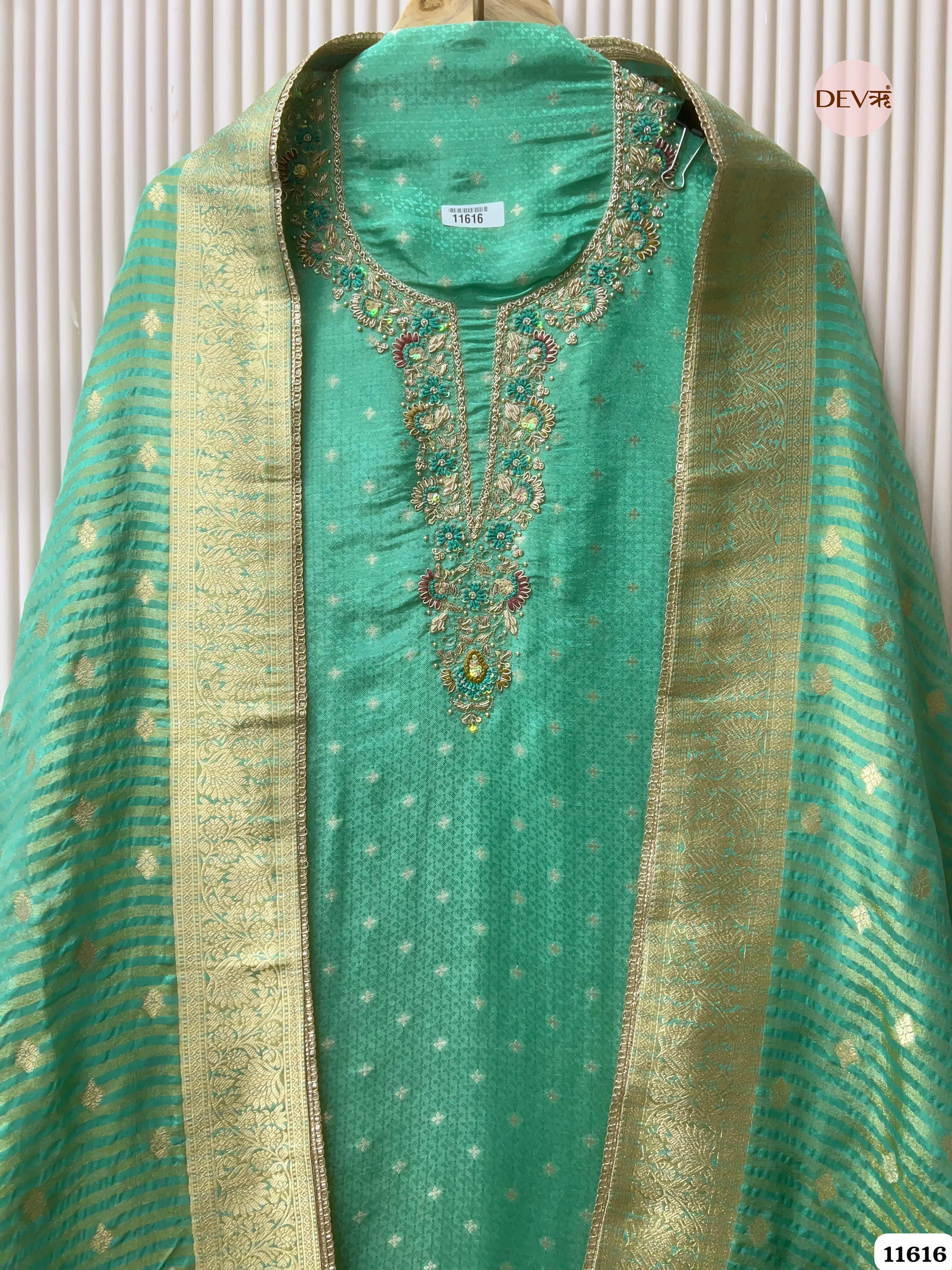 Green Pure Tissue Banarasi Silk Unstitched Hand Embroidered -Set Of 3 {11616}