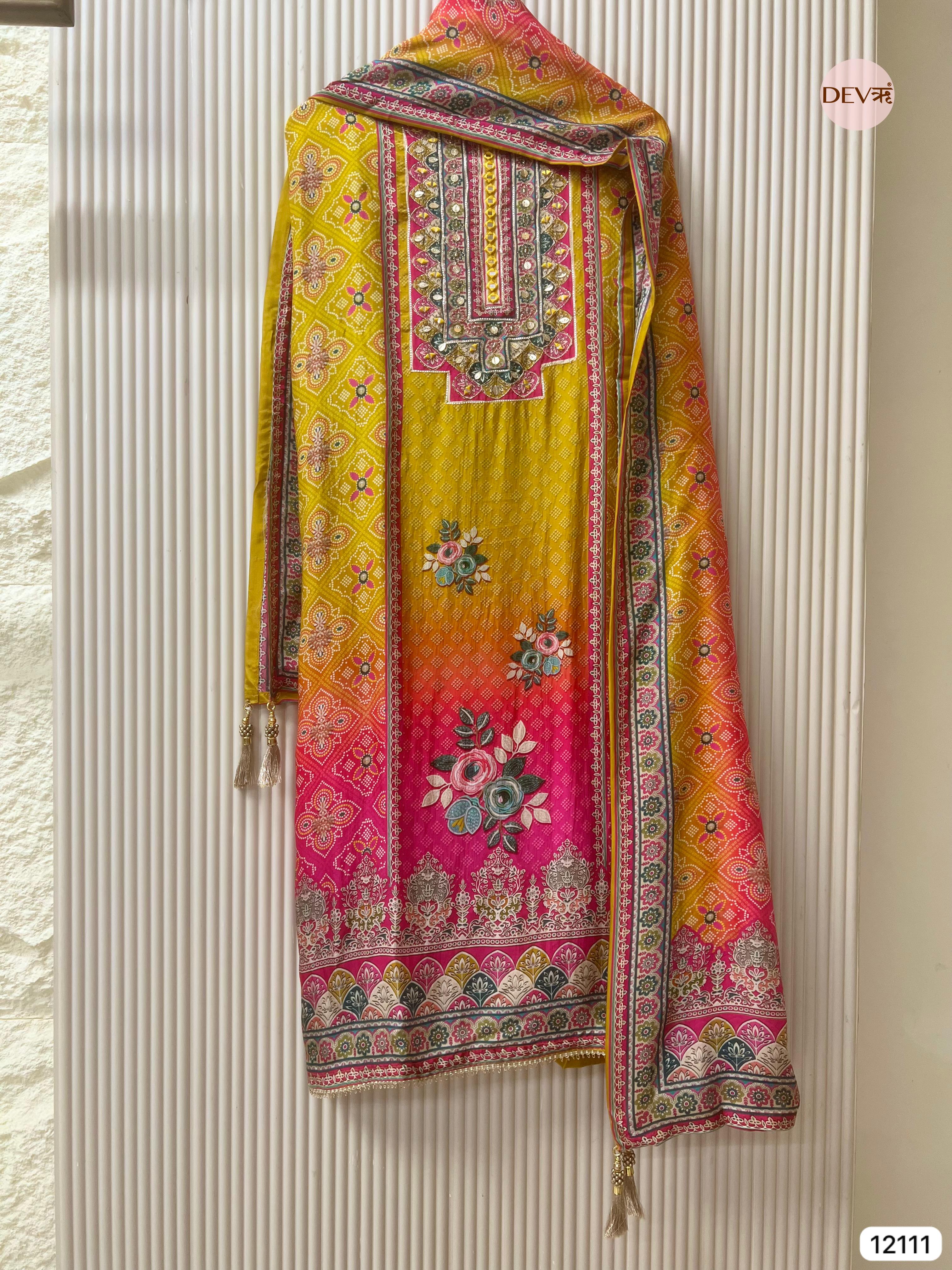 Yellow Pure Organza Silk Unstitched Printed -Set Of 3 - {12111}