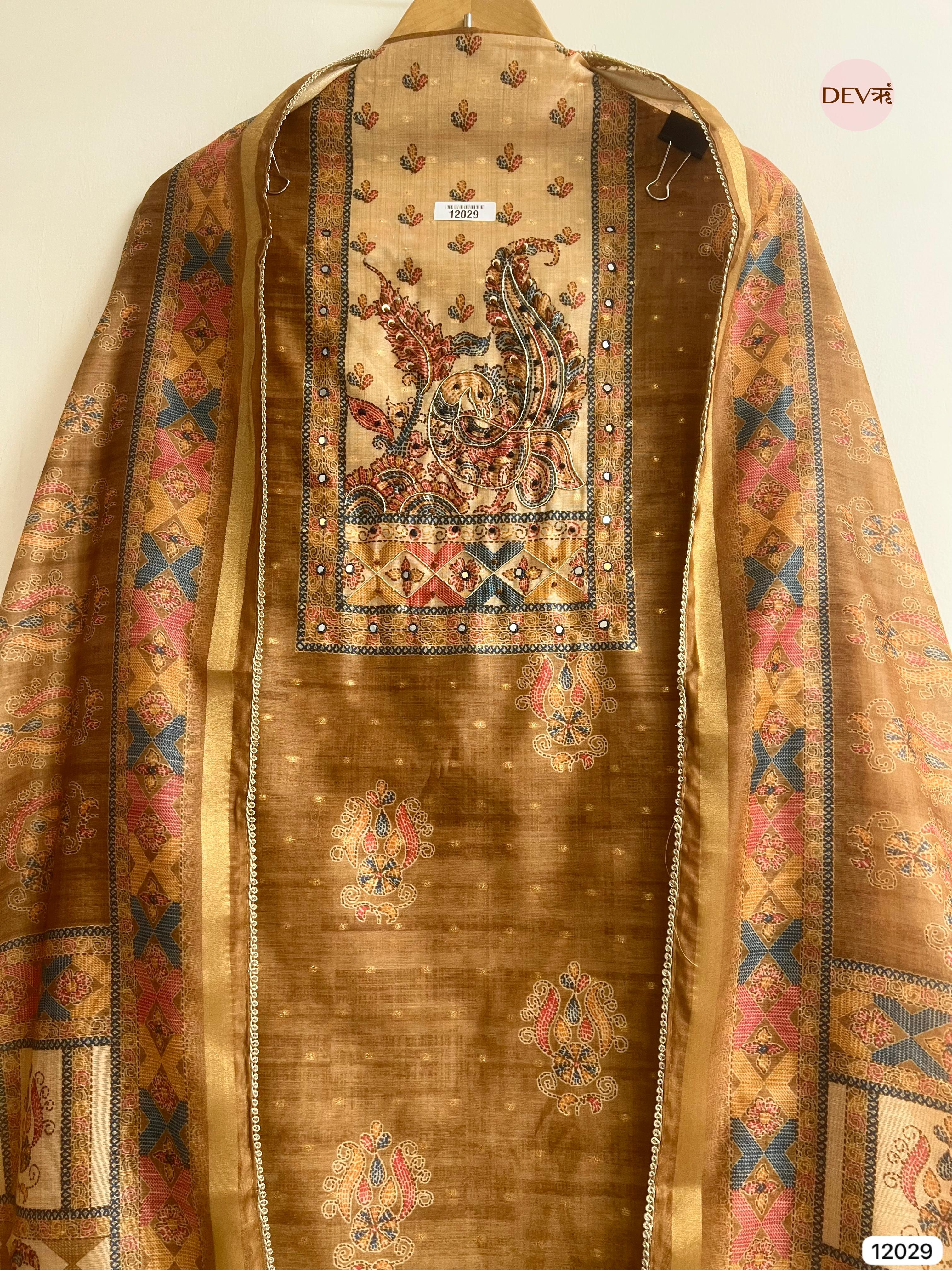 Golden-Brown Tusser Khadi Silk Printed Unstitched Hand Embroidered -Set Of 3 - {12029}